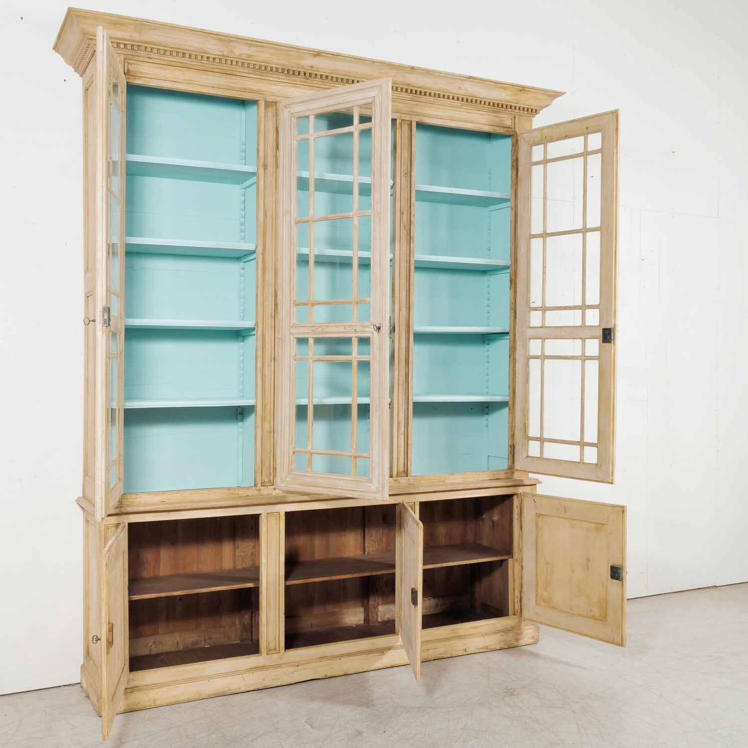 Grand 19th Century French Bleached Pine Bookcase with Painted Interior