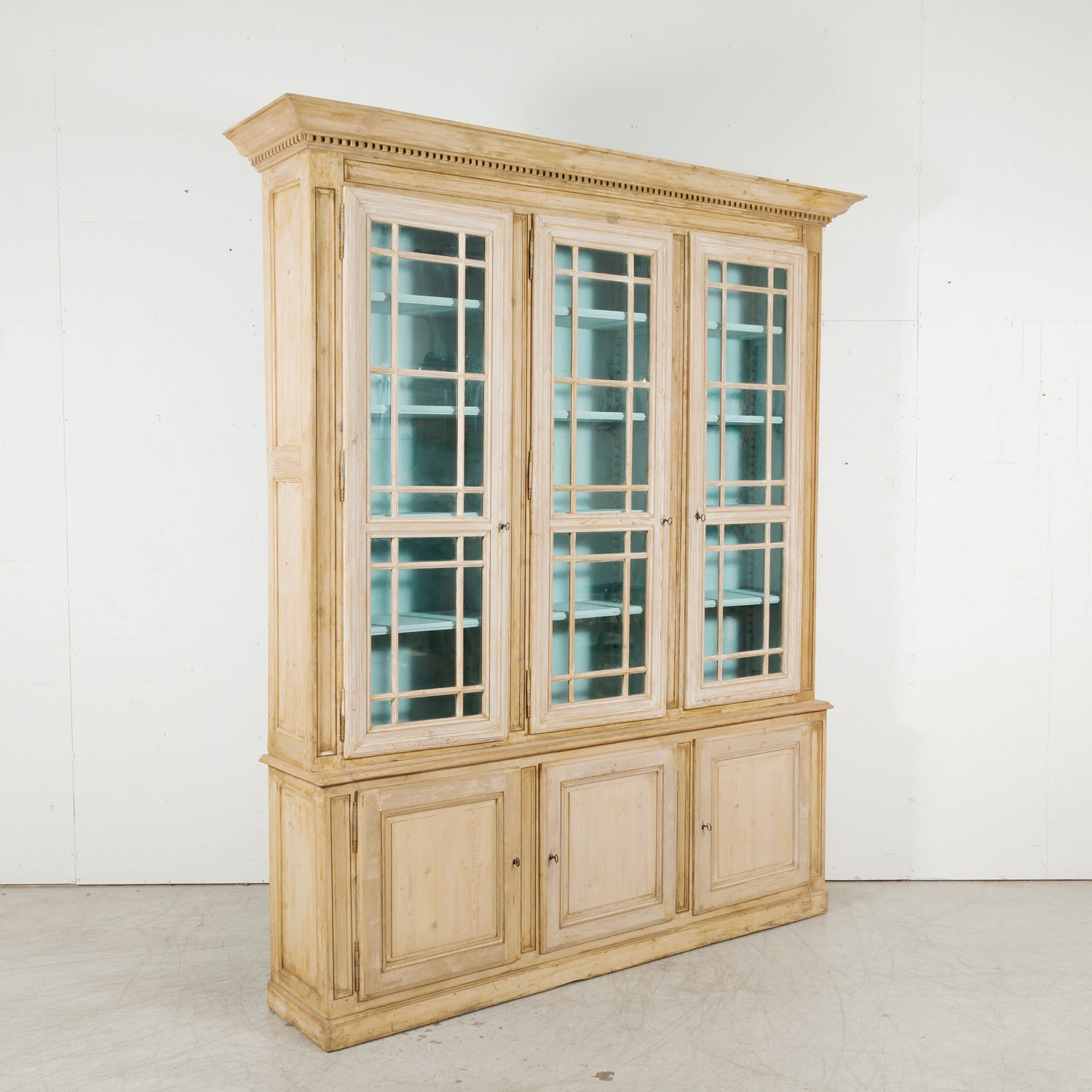 Grand 19th Century French Bleached Pine Bookcase with Painted Interior