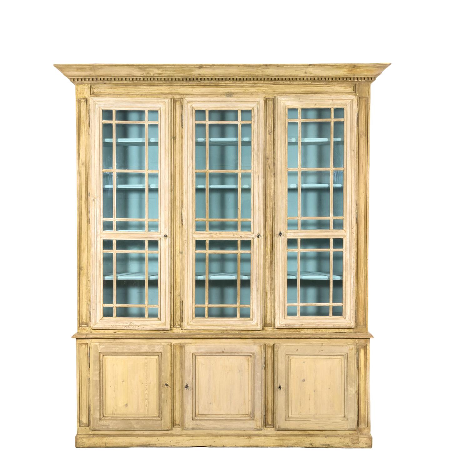 Grand 19th Century French Bleached Pine Bookcase with Painted Interior