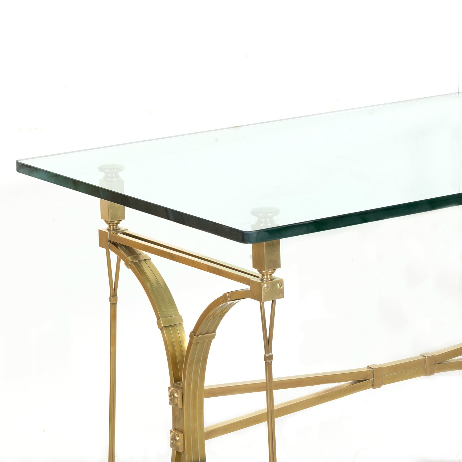 Pair of Mid-20th Century French Gilt Brass and Glass Console Tables Attributed to Maison Jansen
