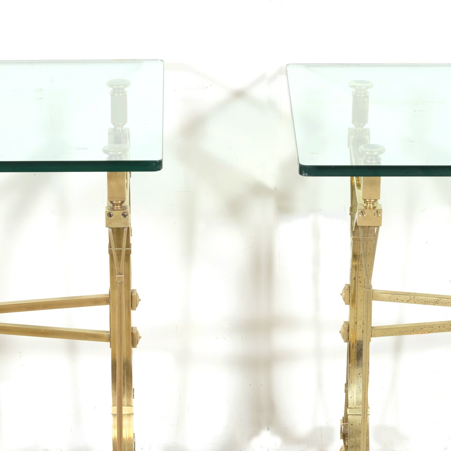 Pair of Mid-20th Century French Gilt Brass and Glass Console Tables Attributed to Maison Jansen