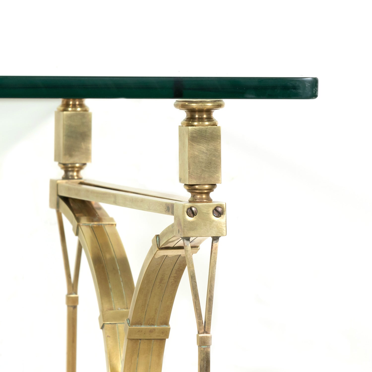 Pair of Mid-20th Century French Gilt Brass and Glass Console Tables Attributed to Maison Jansen