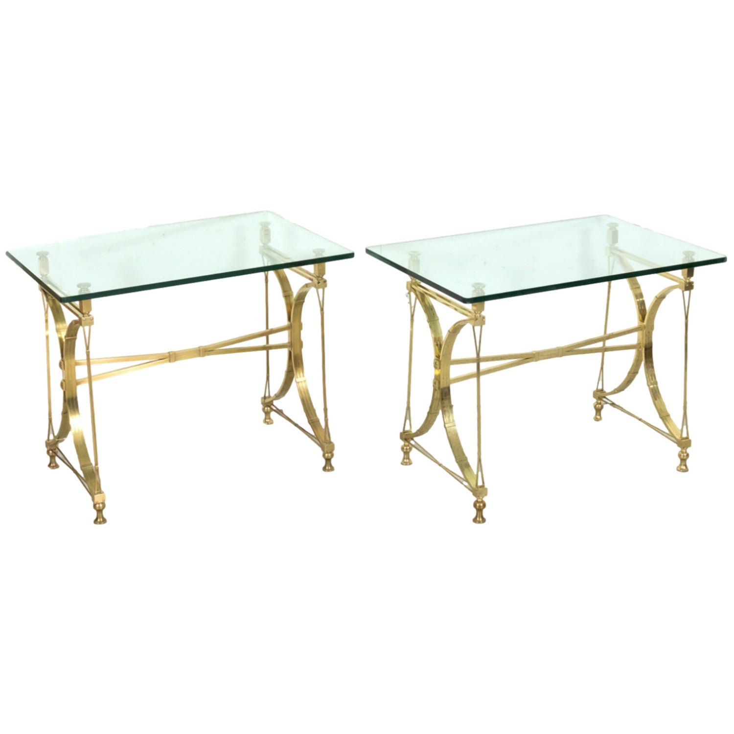 Pair of Mid-20th Century French Gilt Brass and Glass Console Tables Attributed to Maison Jansen