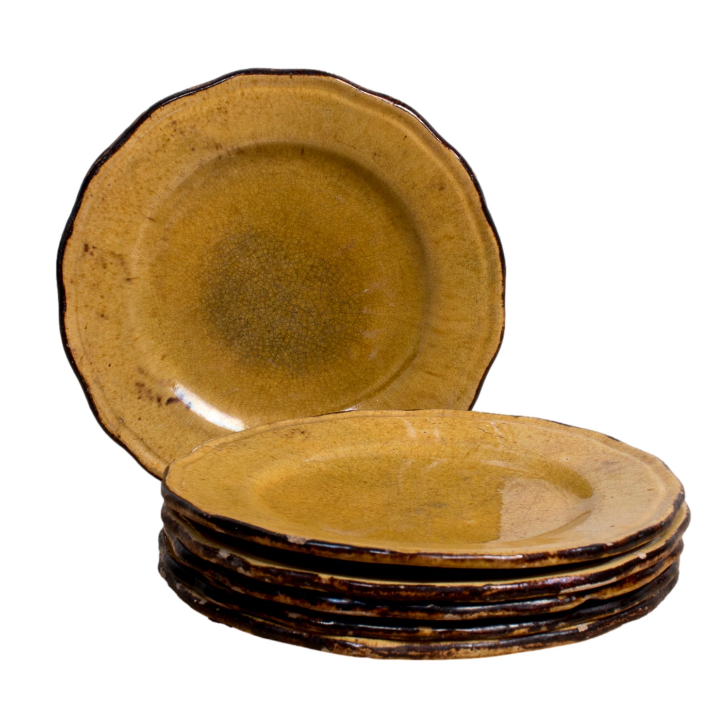 Set of Six Vintage French Dieulefit Provencal Yellowware Glazed Dessert Plates