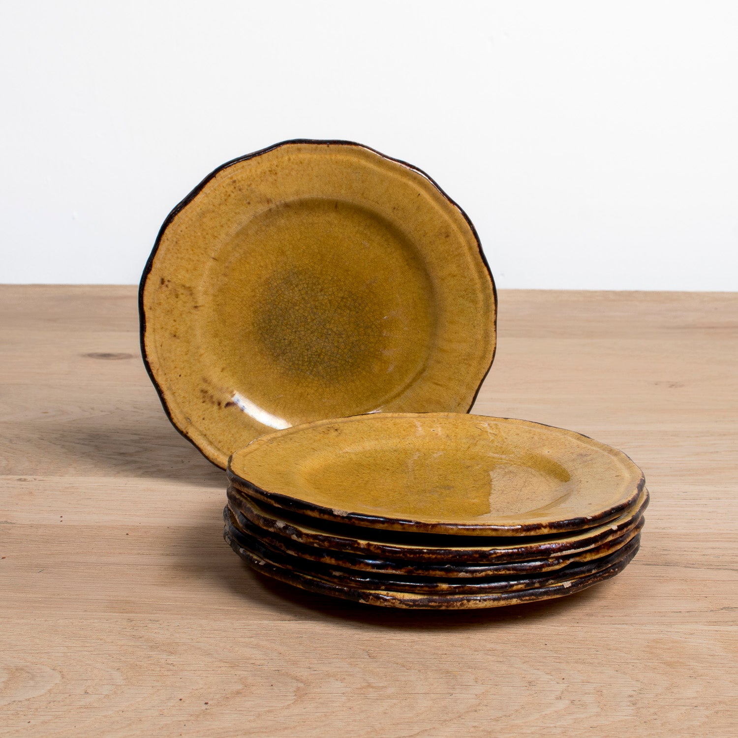 Set of Six Vintage French Dieulefit Provencal Yellowware Glazed Dessert Plates