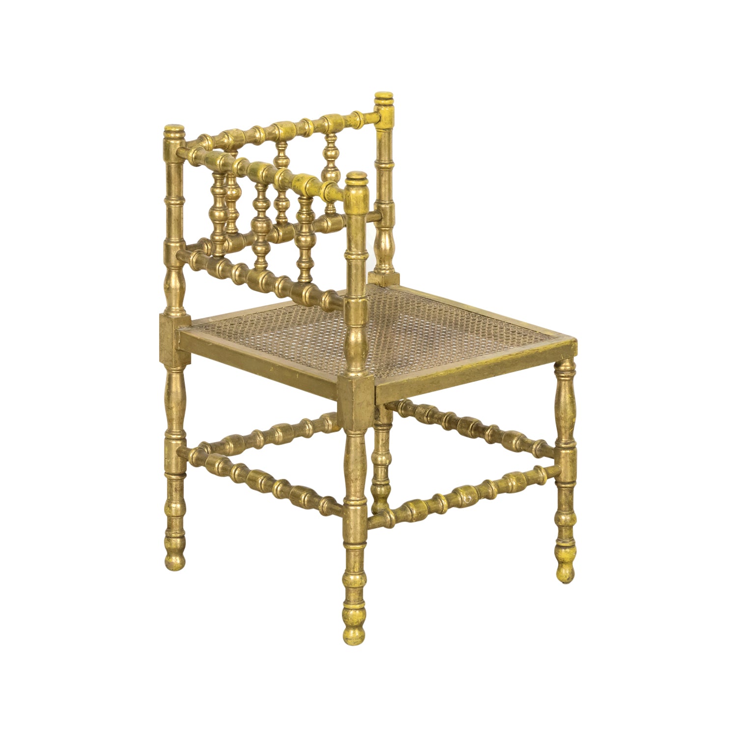 Early 20th Century French Carved Faux Bamboo Painted and Parcel Gilt Corner Chair with Cane Seat