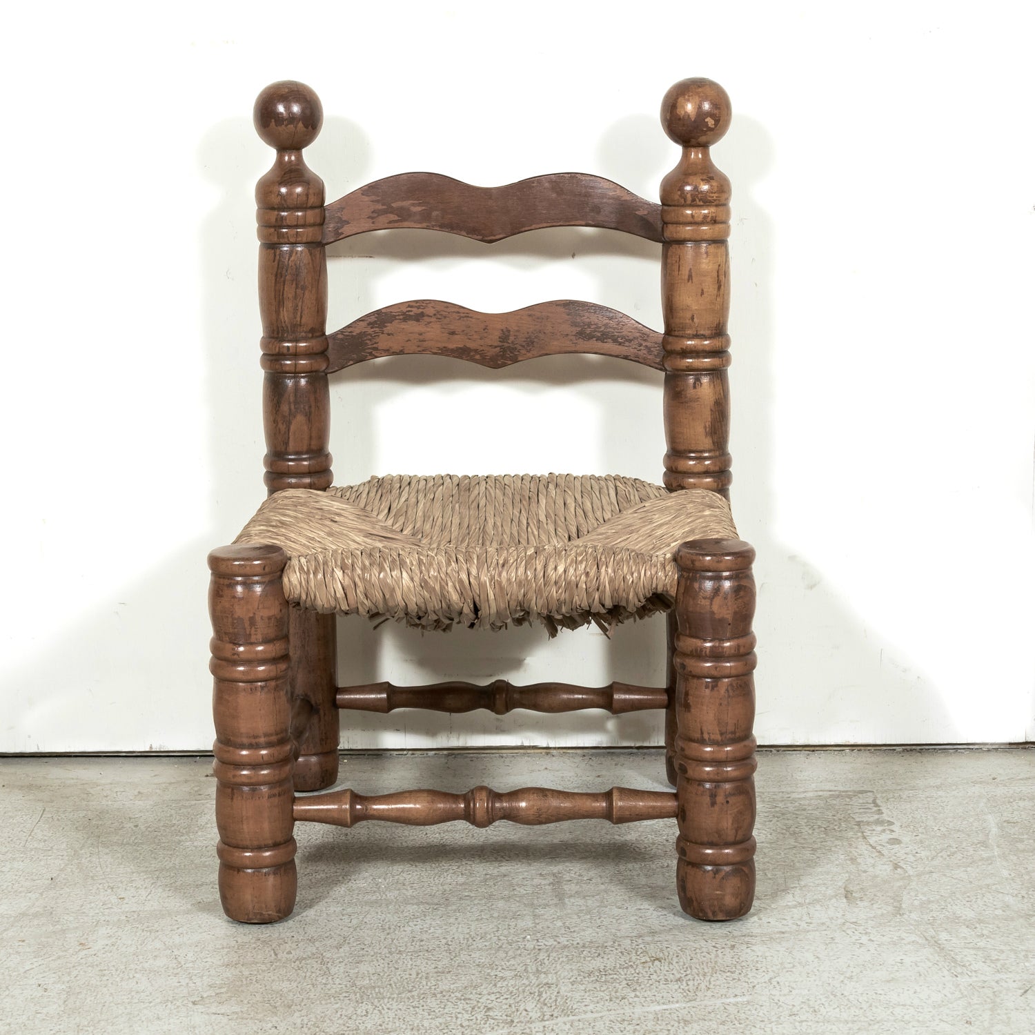 Pair of Mid-20th Century French Brutalist Style Low Rush Seat Fireplace Chairs by Charles Dudouyt