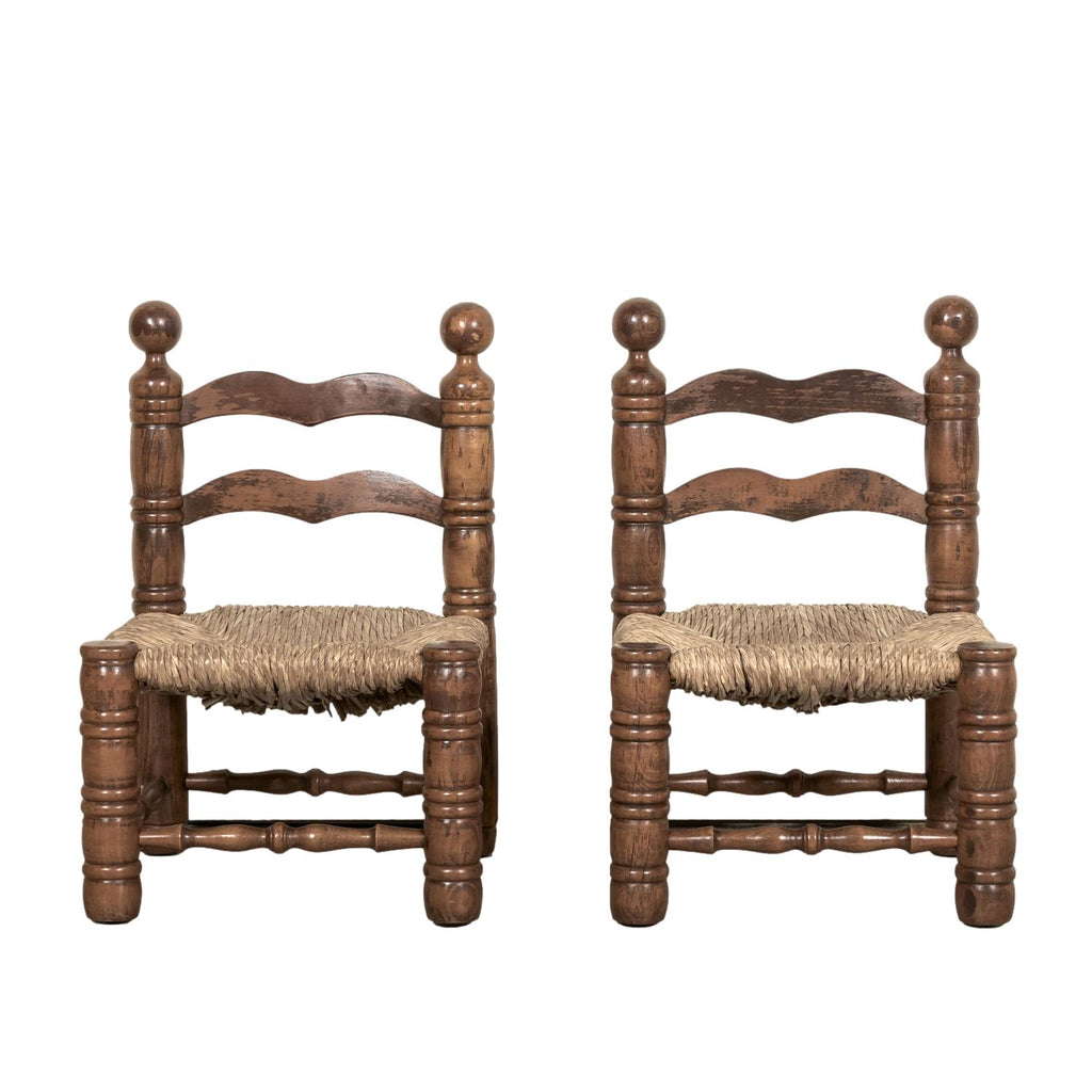 Pair of Mid-20th Century French Brutalist Style Low Rush Seat Fireplace Chairs by Charles Dudouyt