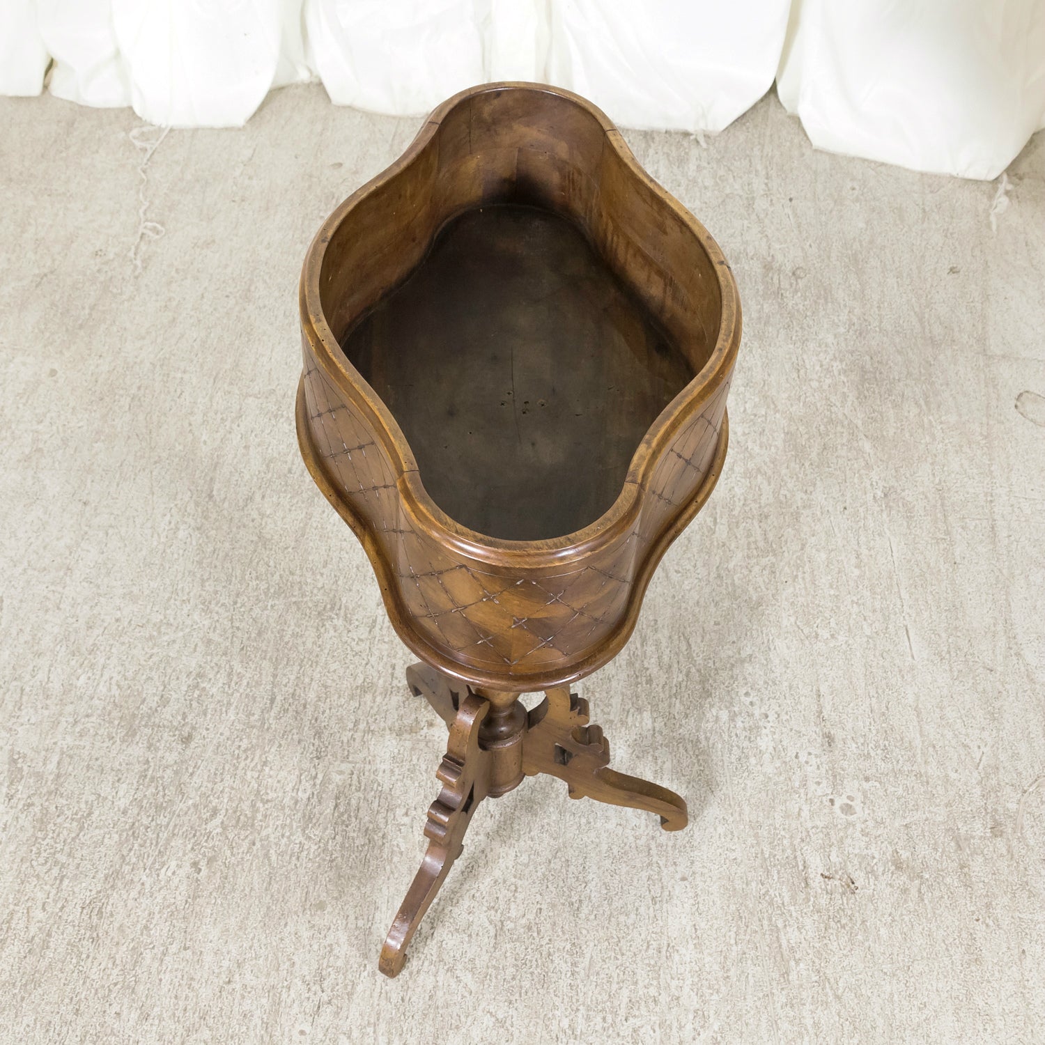 19th Century French Carved Oval Shaped Walnut Jardinière or Planter on Tripod Stand