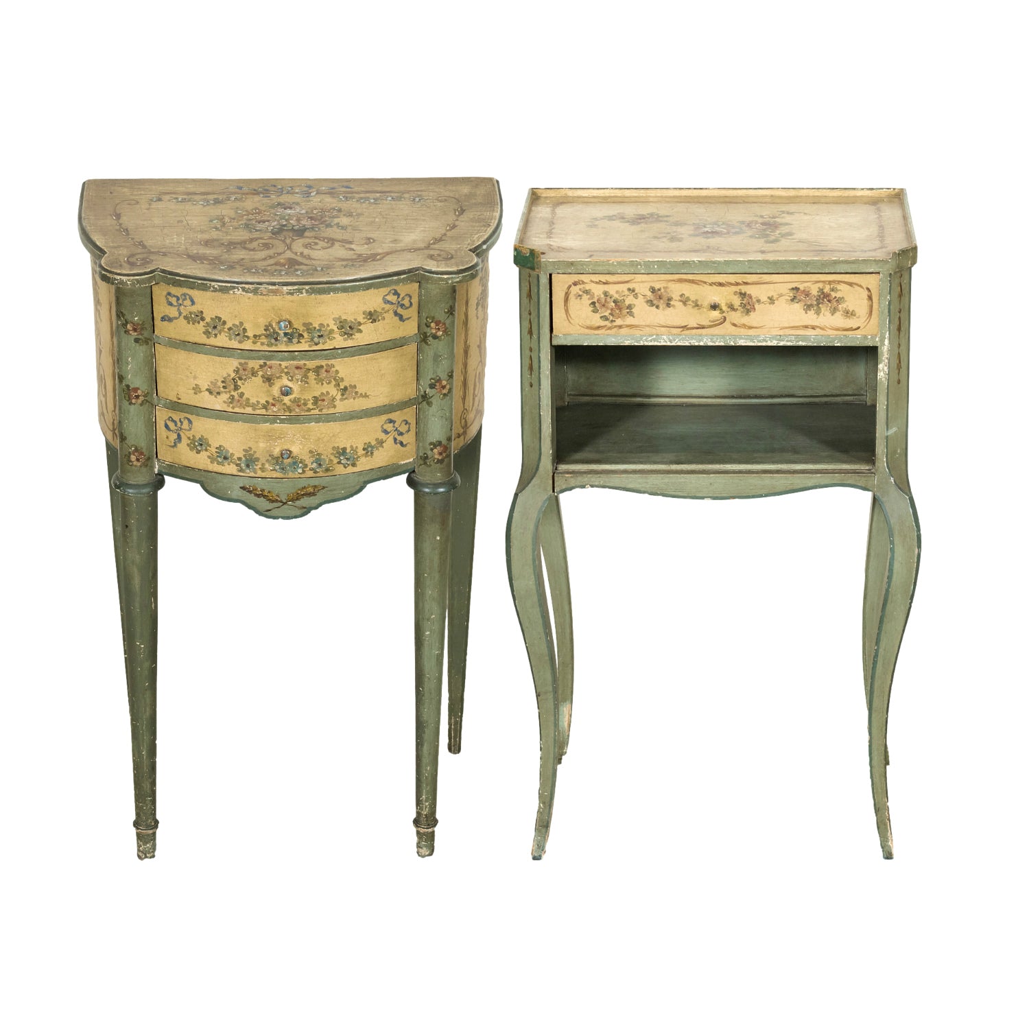 Rare Pair of 1930s French Painted Nightstands by Maison Gouffé, Louis XV & Louis XVI Styles