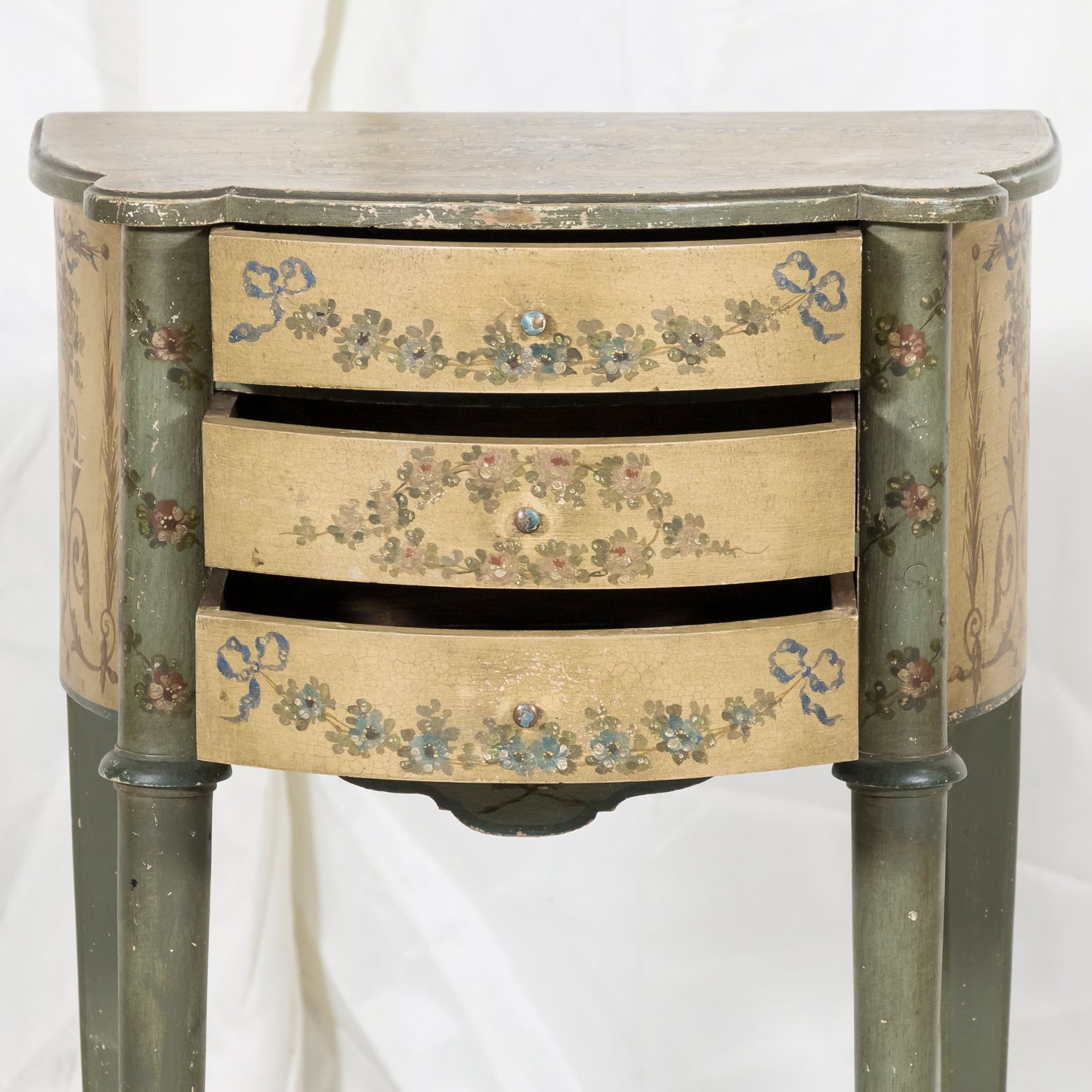 Rare Pair of 1930s French Painted Nightstands by Maison Gouffé, Louis XV & Louis XVI Styles