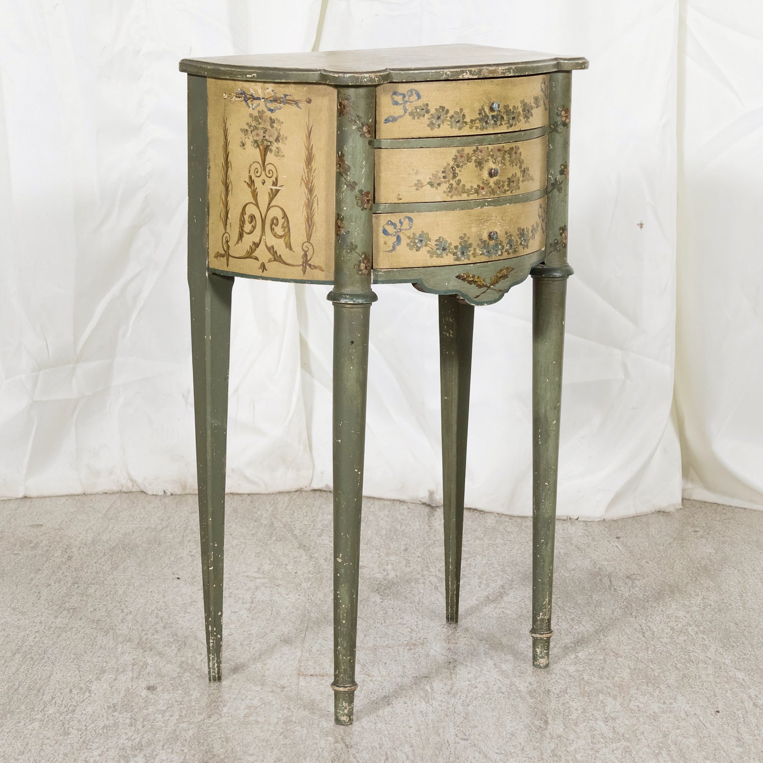 Rare Pair of 1930s French Painted Nightstands by Maison Gouffé, Louis XV & Louis XVI Styles