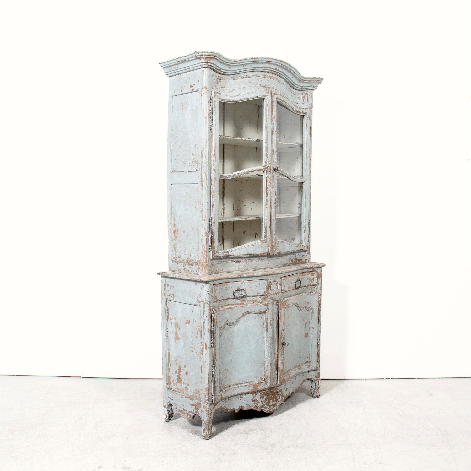 Early 19th Century French Country Louis XV Style Painted Buffet Deux Corps or Bookcase