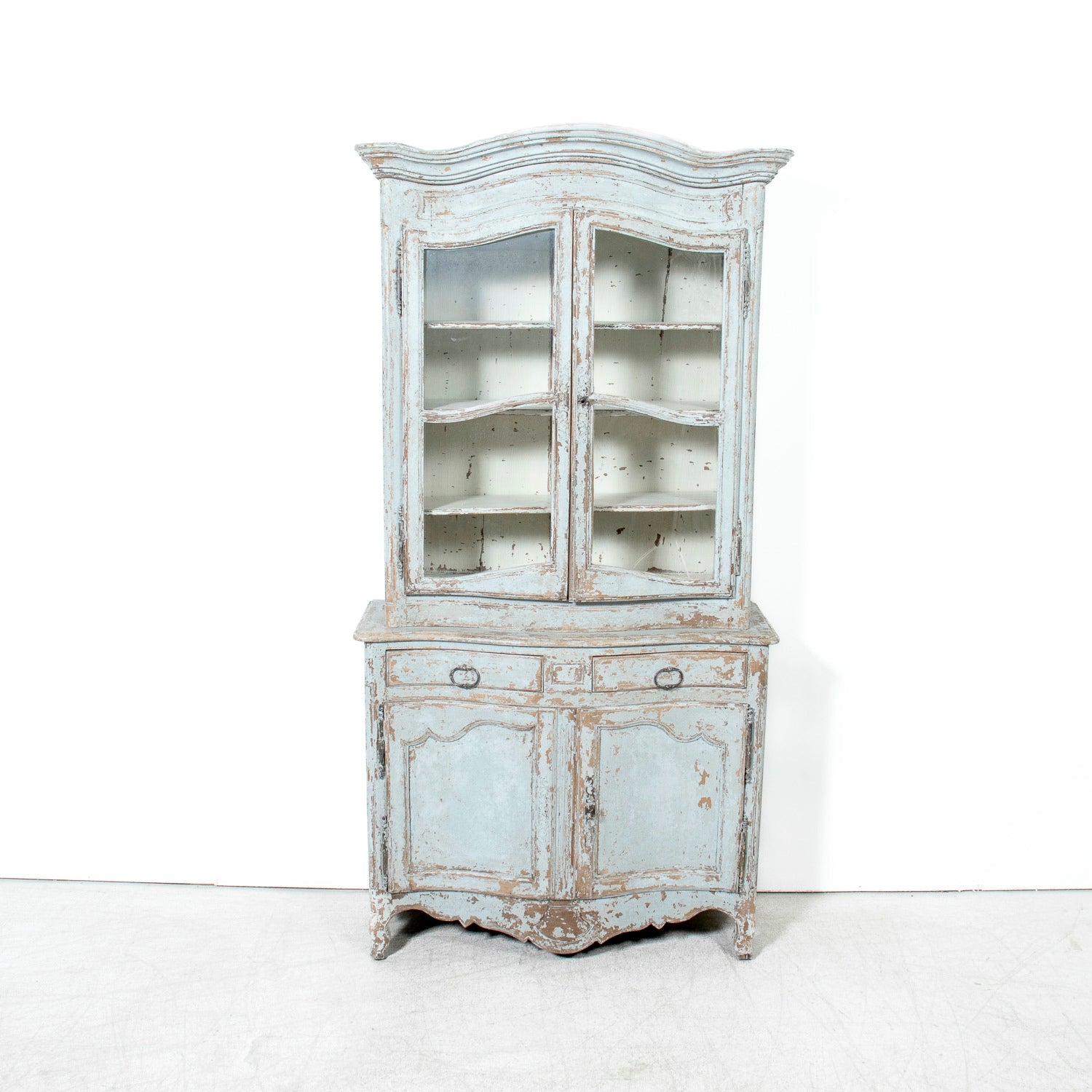 Early 19th Century French Country Louis XV Style Painted Buffet Deux Corps or Bookcase