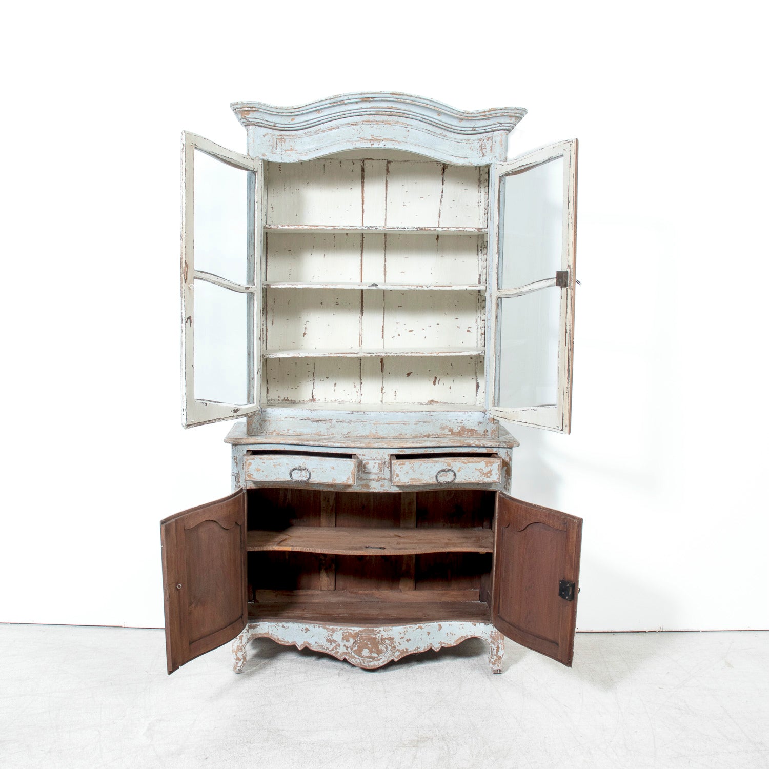 Early 19th Century French Country Louis XV Style Painted Buffet Deux Corps or Bookcase
