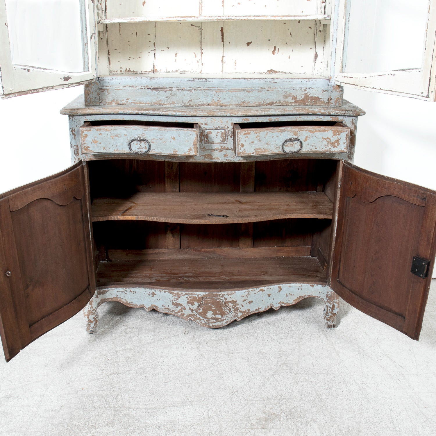 Early 19th Century French Country Louis XV Style Painted Buffet Deux Corps or Bookcase