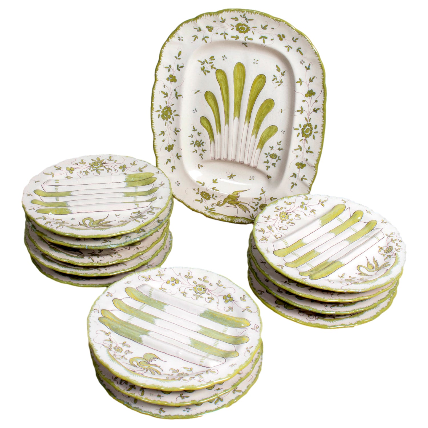 19th Century Antique French Faïence Martres-Tolosone Asparagus Plate Set with Platter