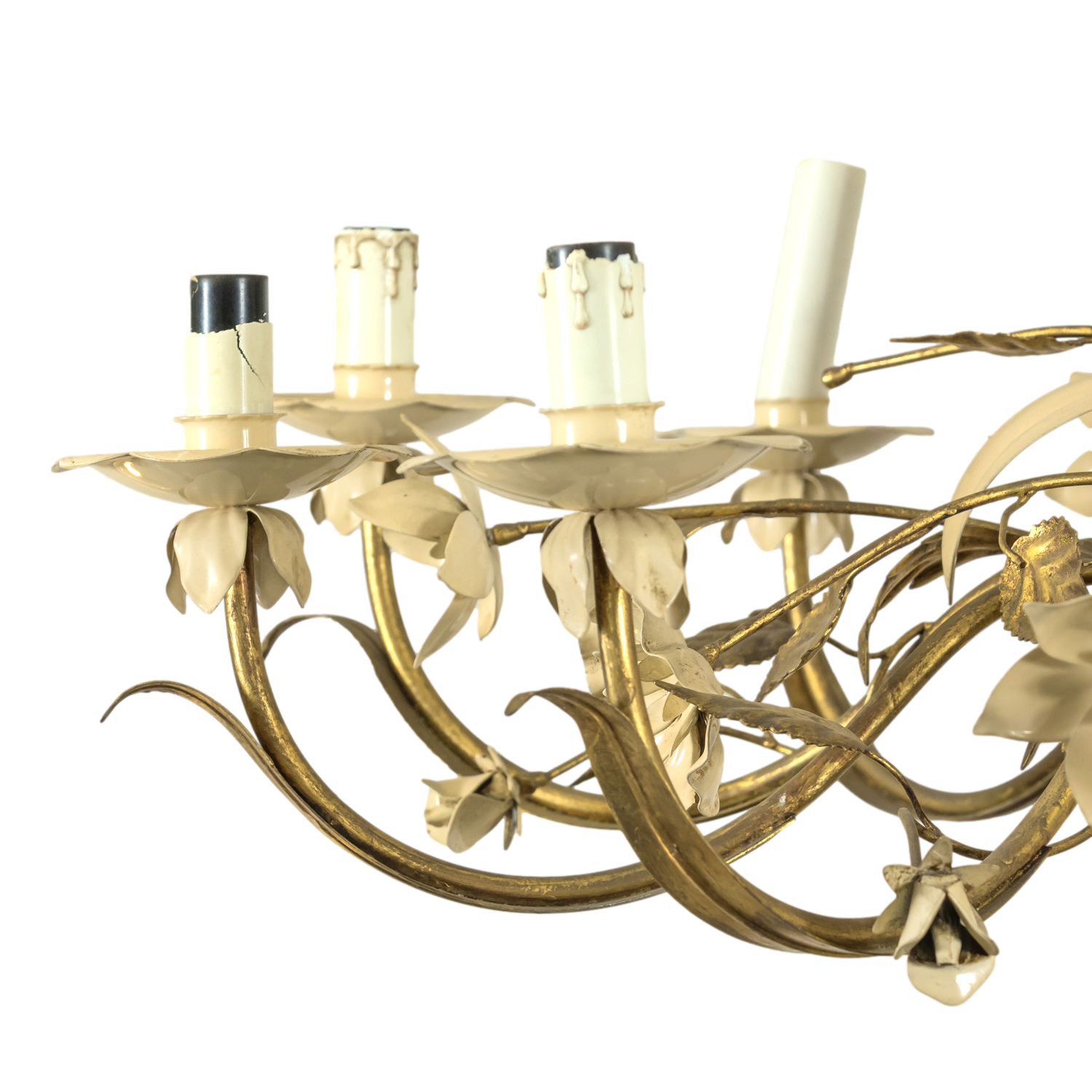 Large Vintage Italian Gilded Tole and Cream Enamel Floral 10-Light Chandelier