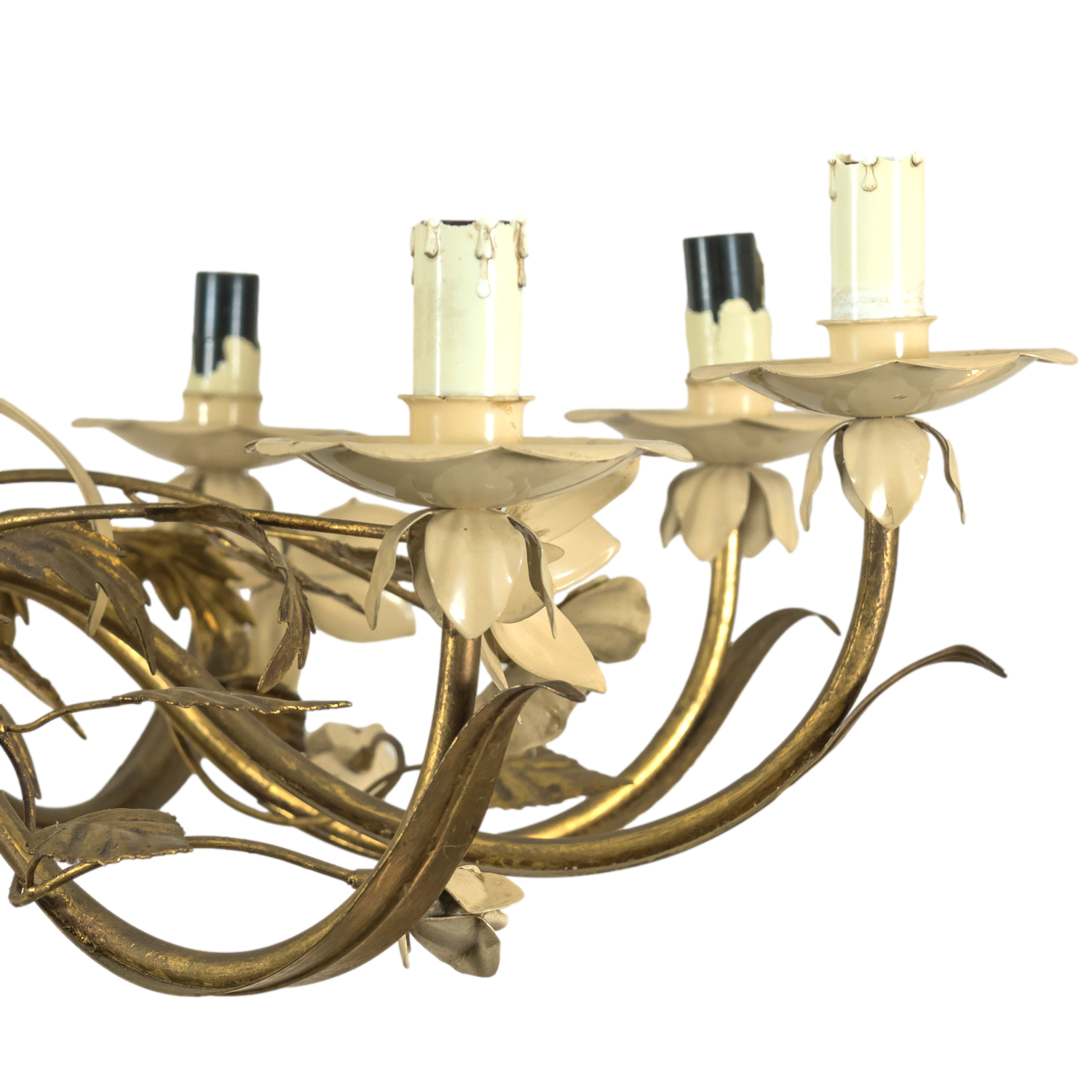 Large Vintage Italian Gilded Tole and Cream Enamel Floral 10-Light Chandelier