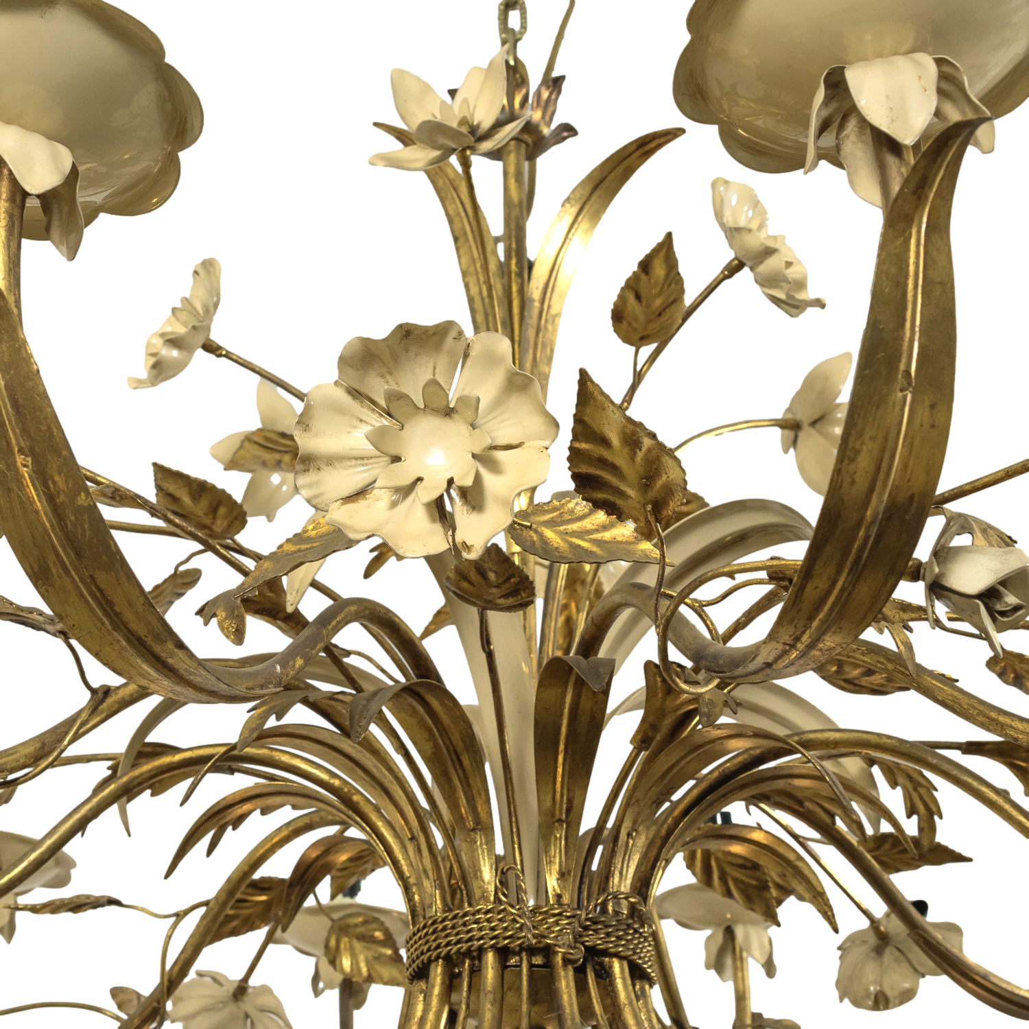 Large Vintage Italian Gilded Tole and Cream Enamel Floral 10-Light Chandelier