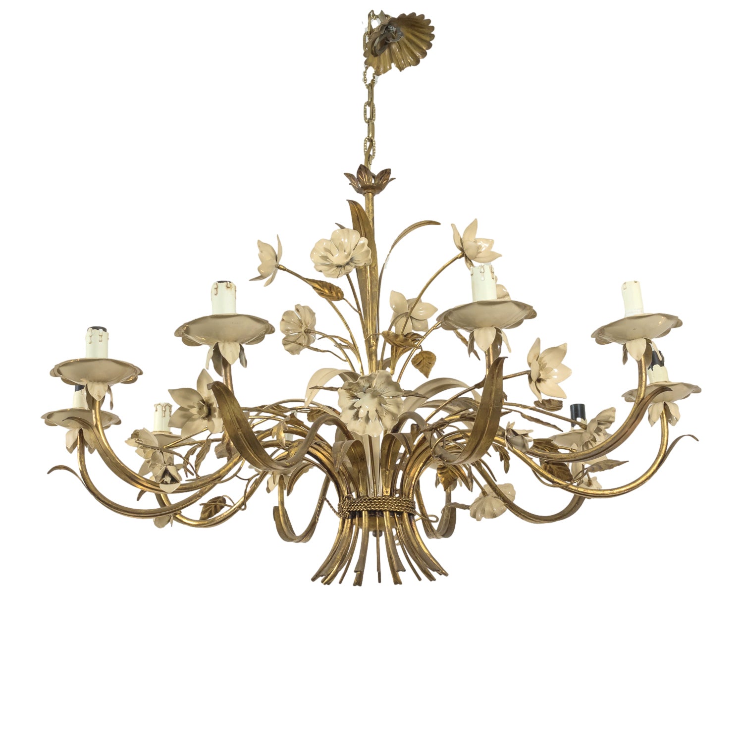 Large Vintage Italian Gilded Tole and Cream Enamel Floral 10-Light Chandelier