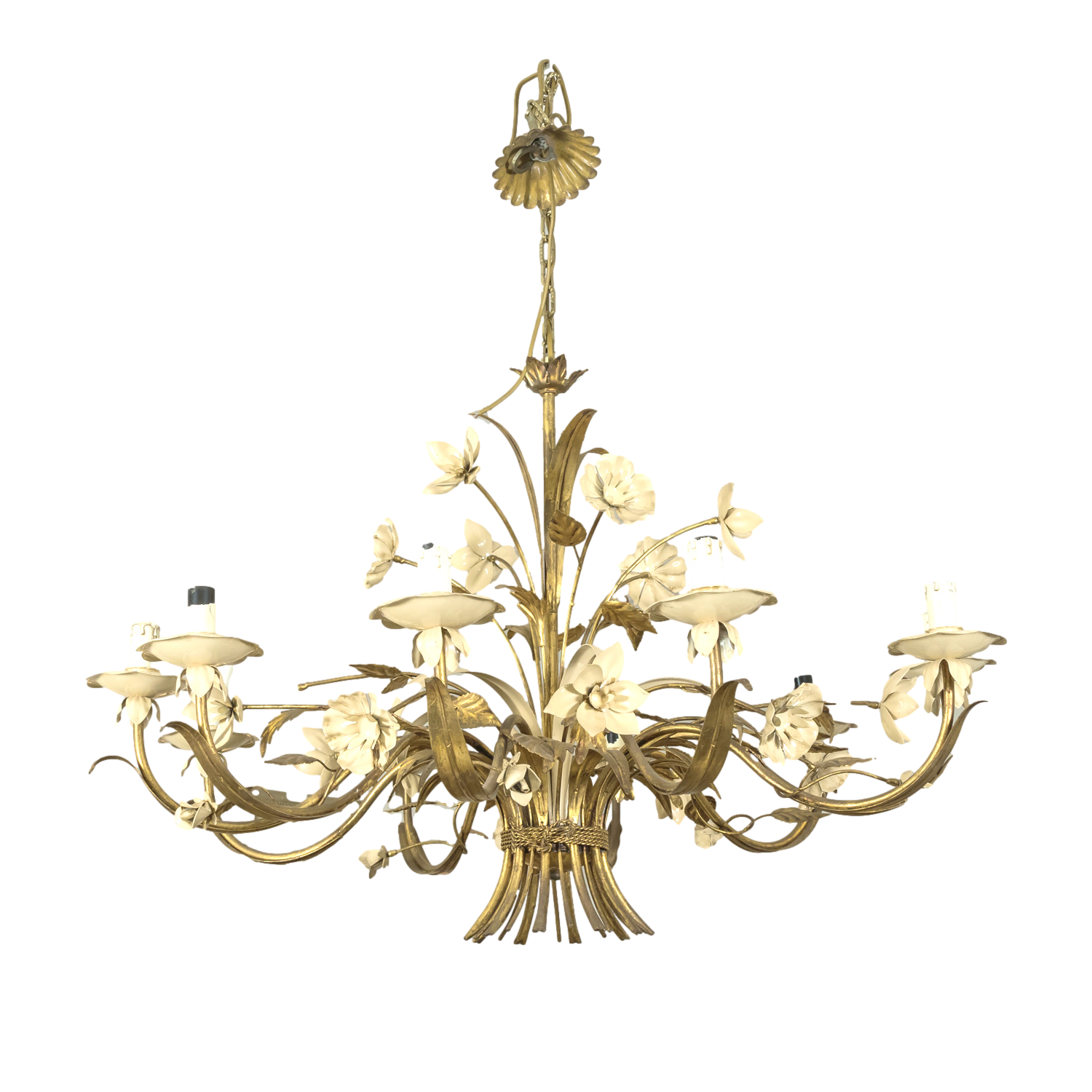 Large Vintage Italian Gilded Tole and Cream Enamel Floral 10-Light Chandelier