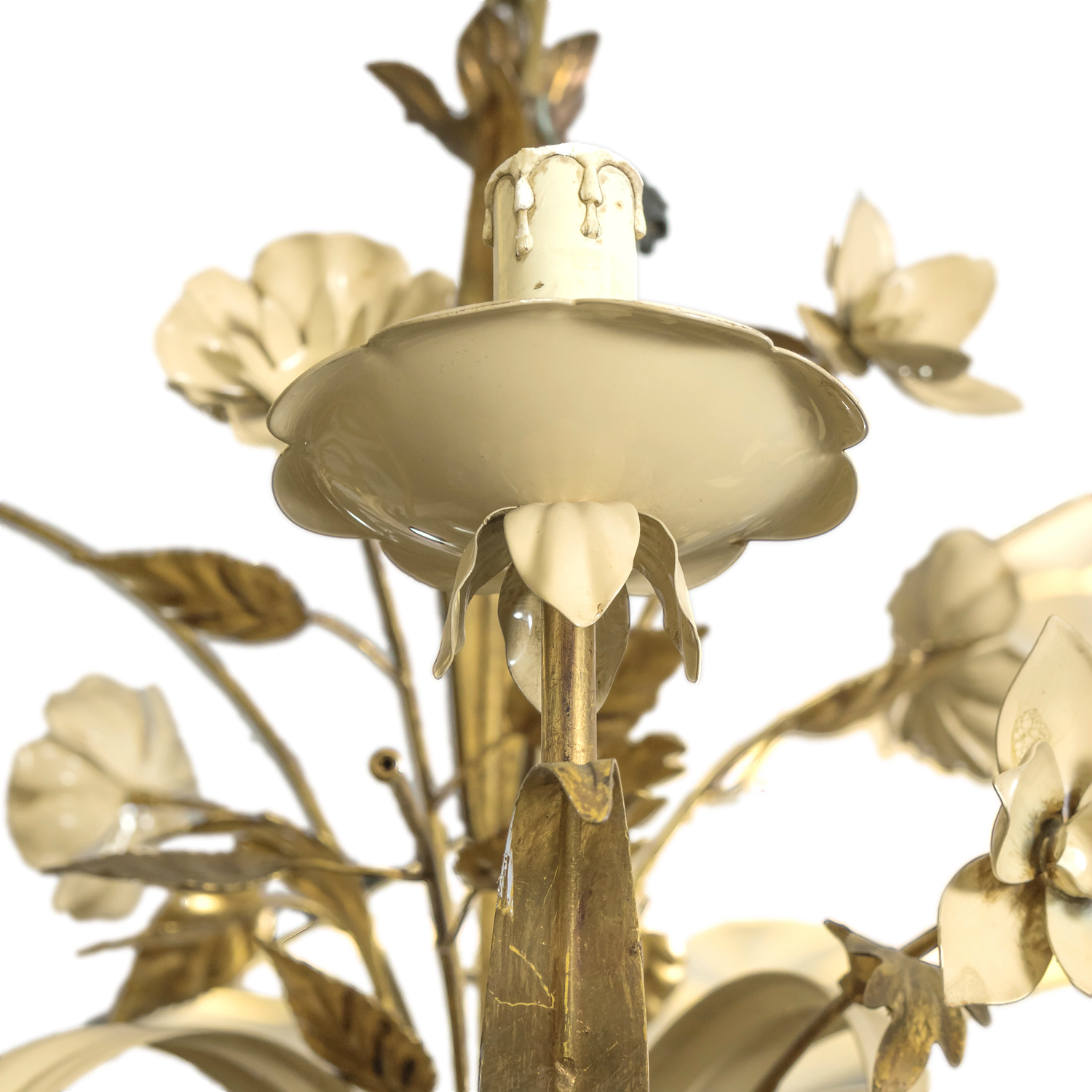 Large Vintage Italian Gilded Tole and Cream Enamel Floral 10-Light Chandelier