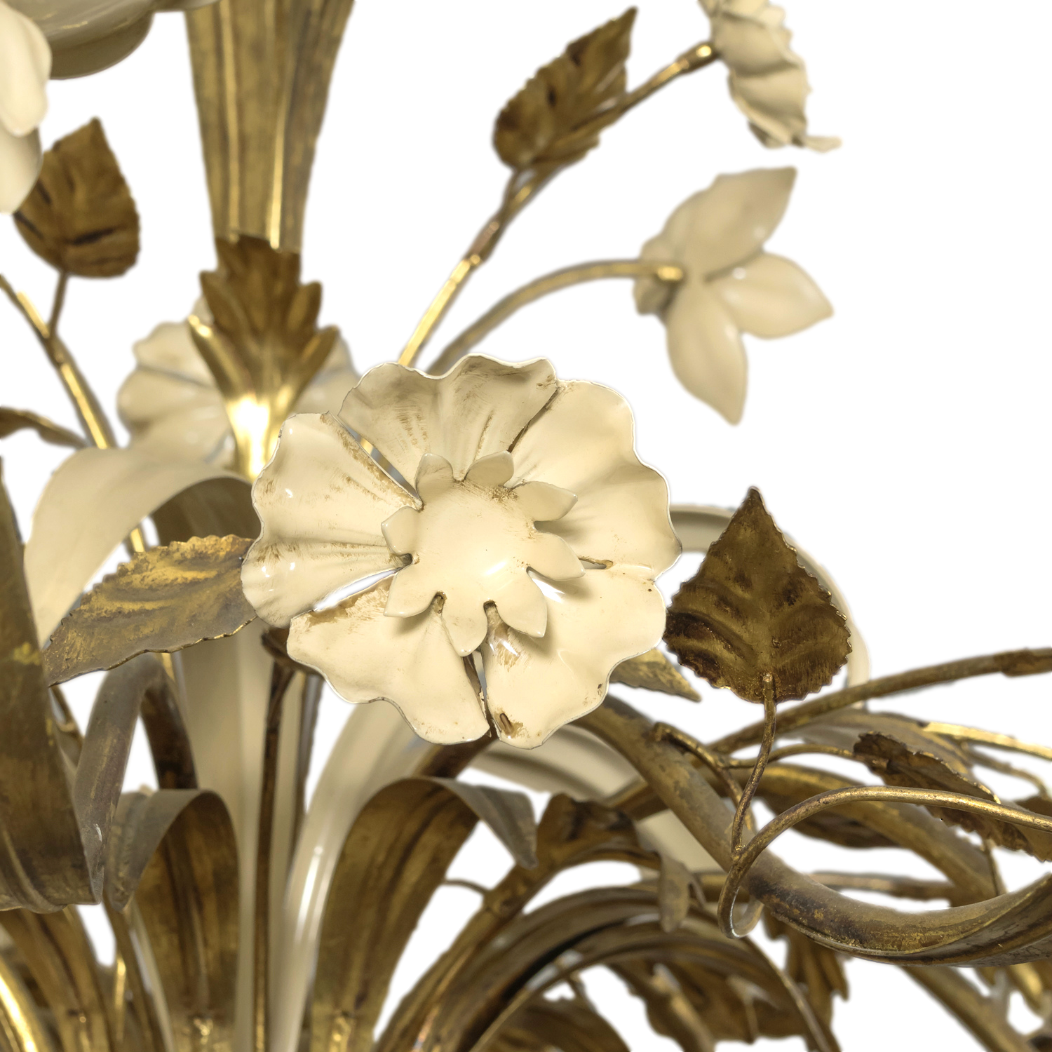 Large Vintage Italian Gilded Tole and Cream Enamel Floral 10-Light Chandelier