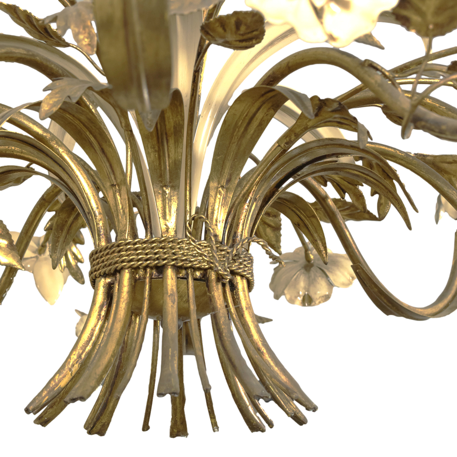 Large Vintage Italian Gilded Tole and Cream Enamel Floral 10-Light Chandelier