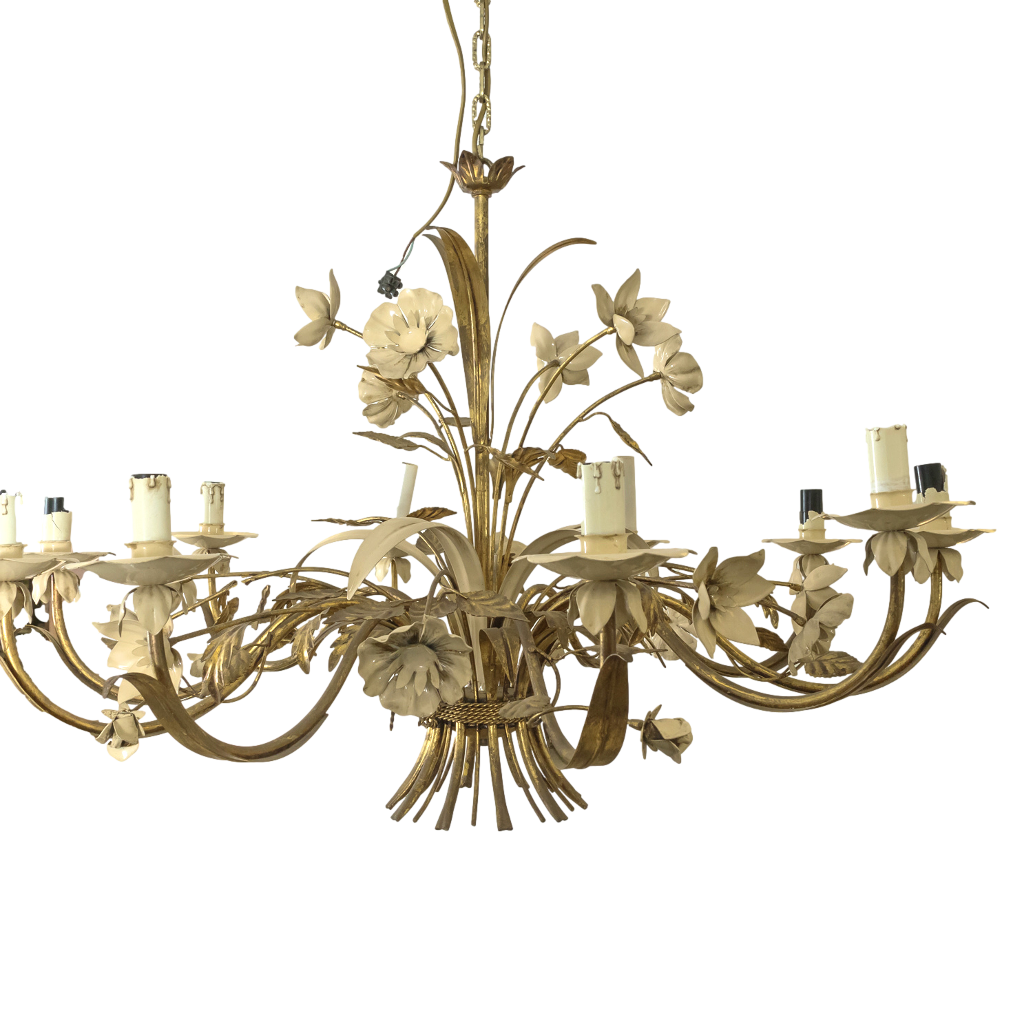 Large Vintage Italian Gilded Tole and Cream Enamel Floral 10-Light Chandelier
