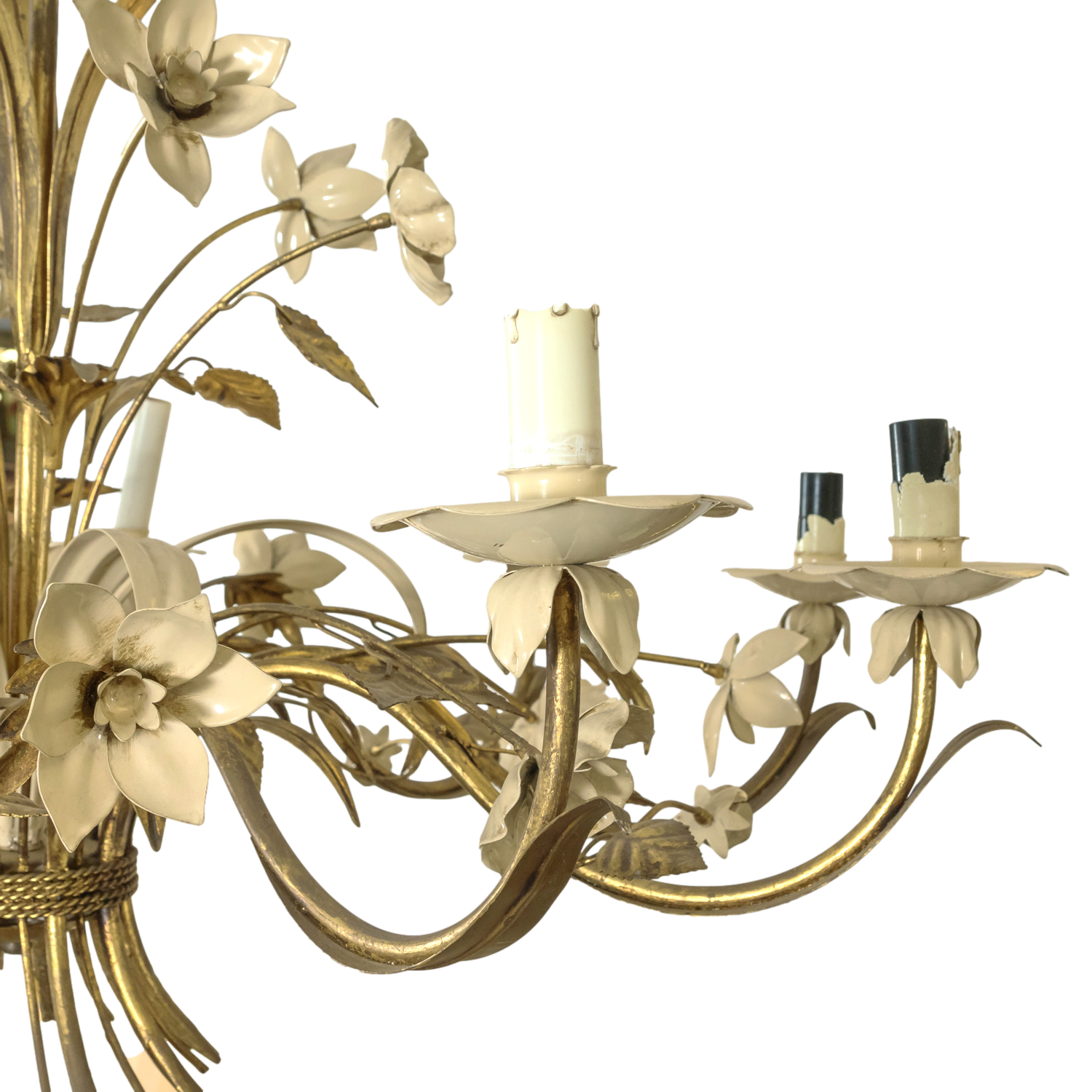 Large Vintage Italian Gilded Tole and Cream Enamel Floral 10-Light Chandelier