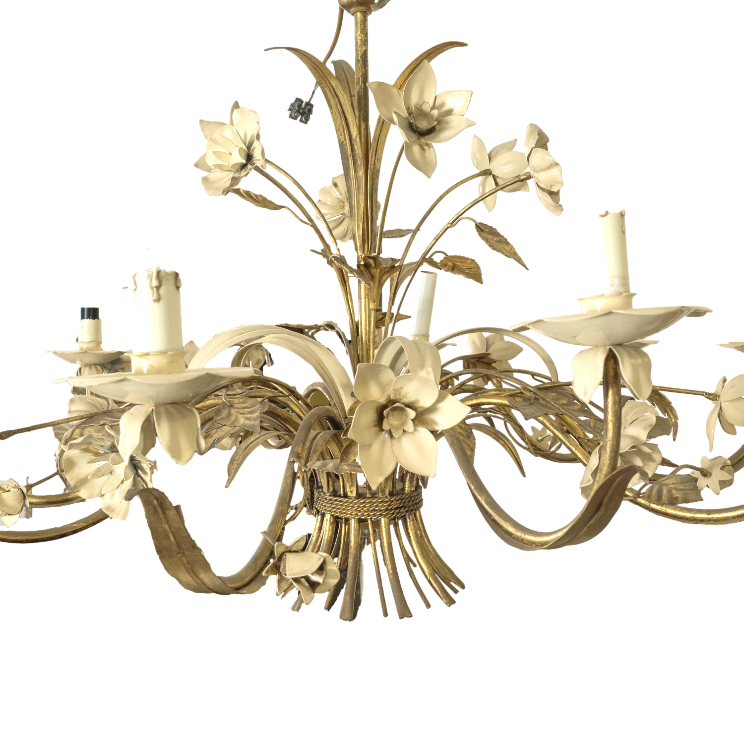 Large Vintage Italian Gilded Tole and Cream Enamel Floral 10-Light Chandelier