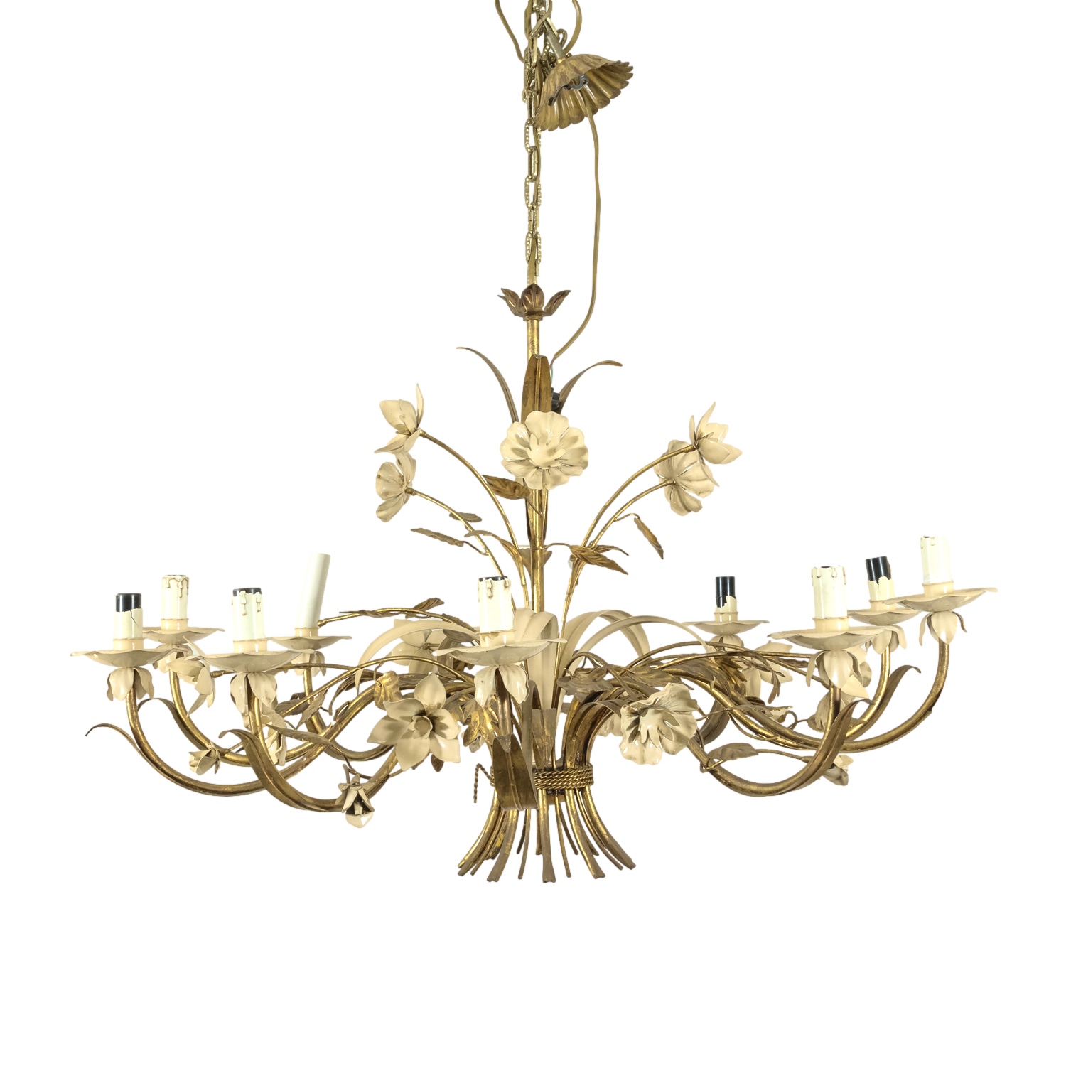 Large Vintage Italian Gilded Tole and Cream Enamel Floral 10-Light Chandelier