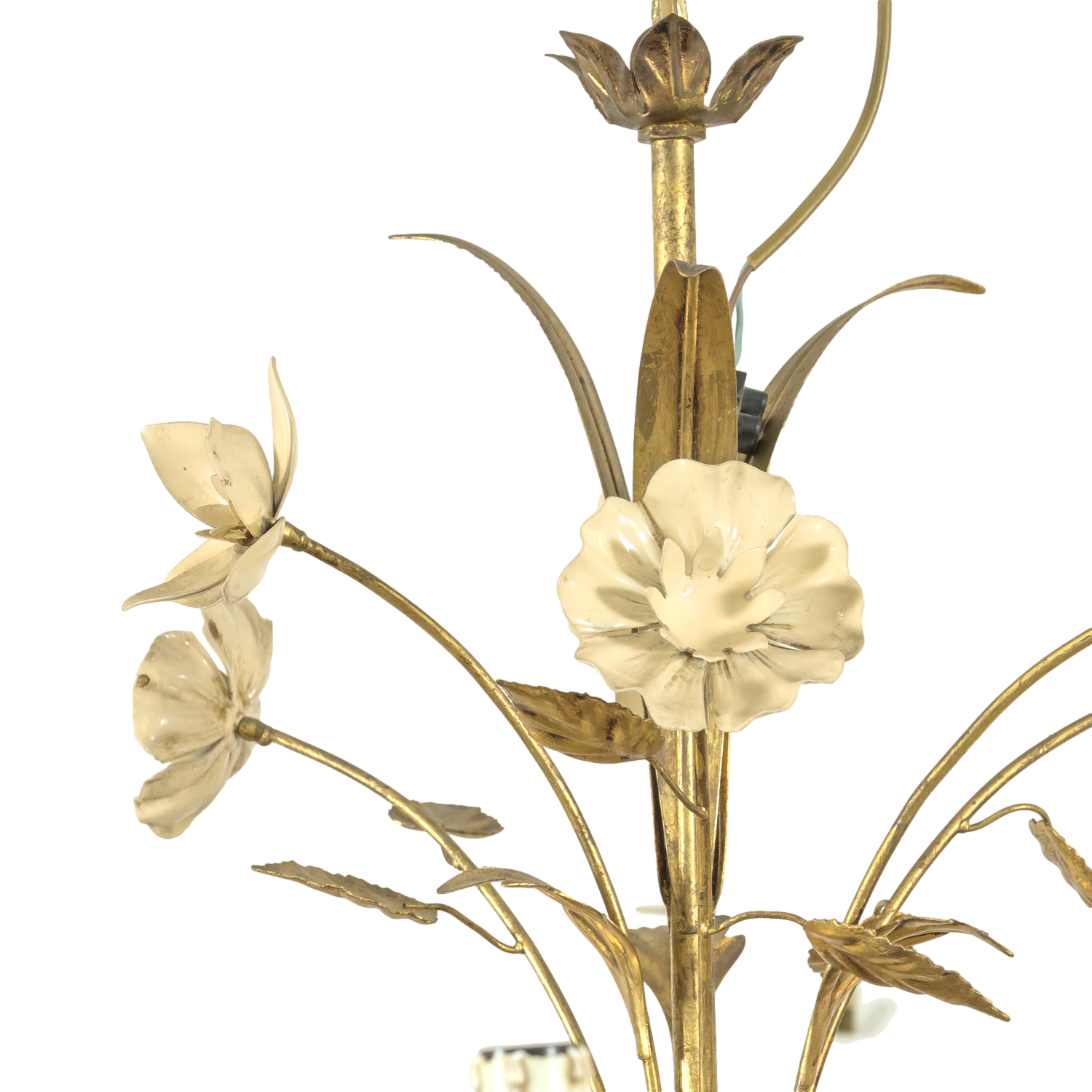 Large Vintage Italian Gilded Tole and Cream Enamel Floral 10-Light Chandelier