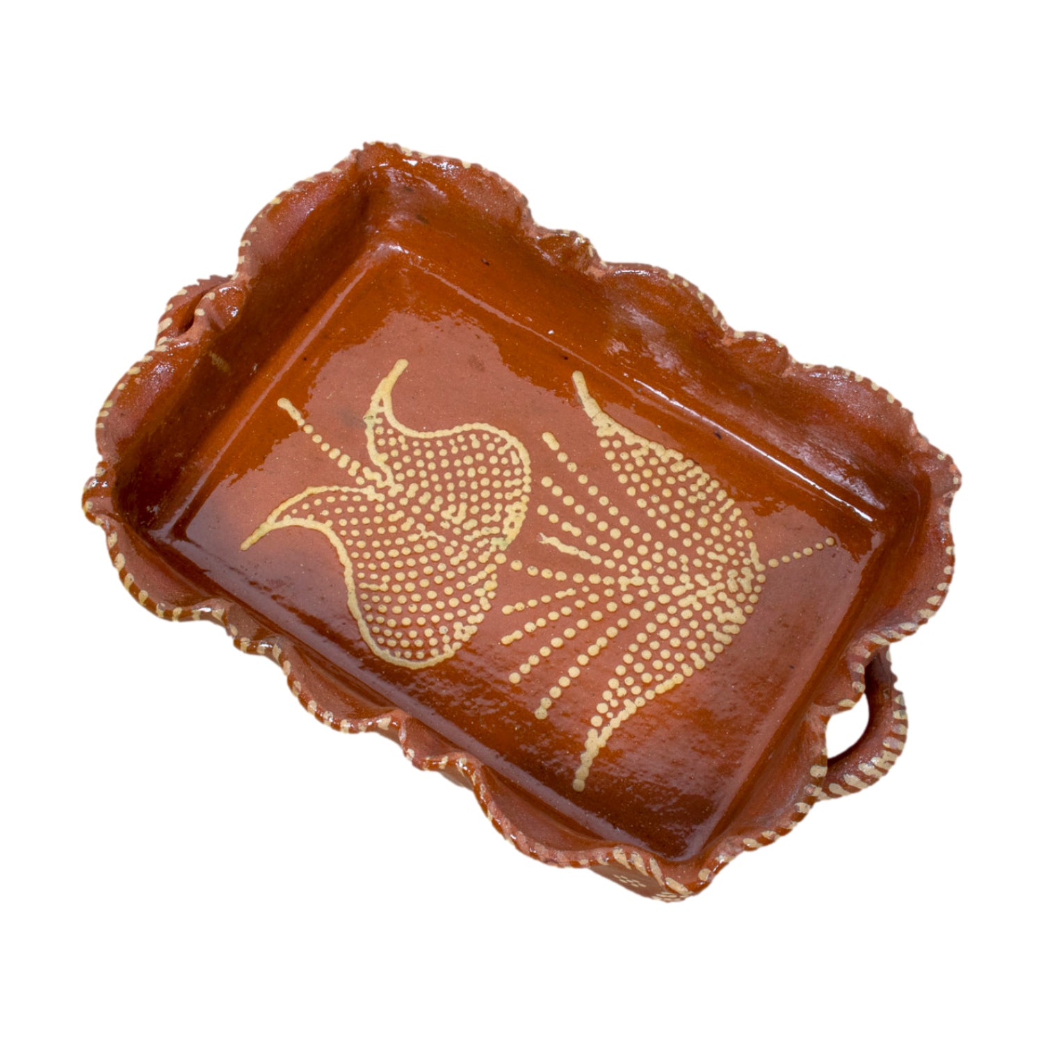 19th Century Portuguese Red Slipware Baking Dish with Tulip Design and Ruffled Edge