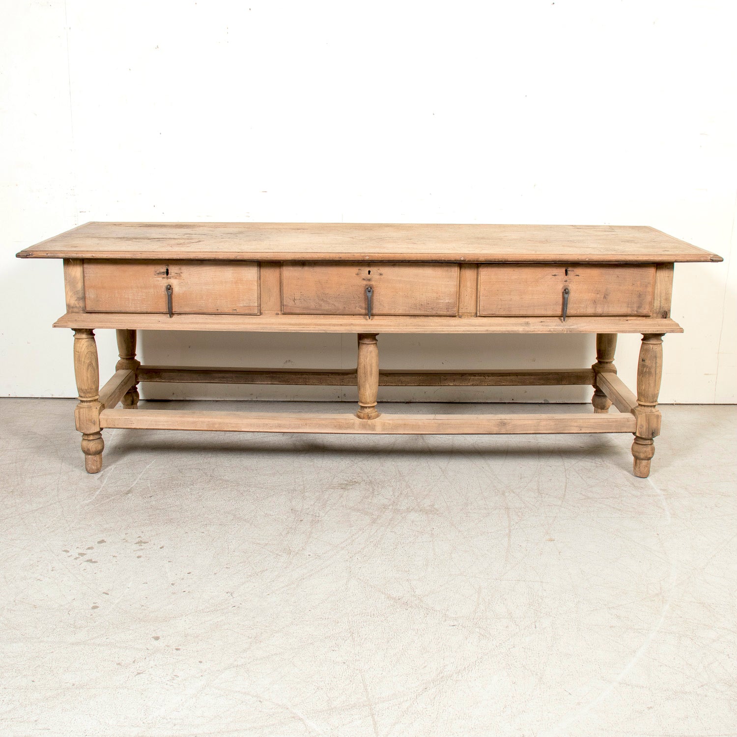 Large 19th Century Bleached Oak Spanish Island or Work Table with Three Drawers