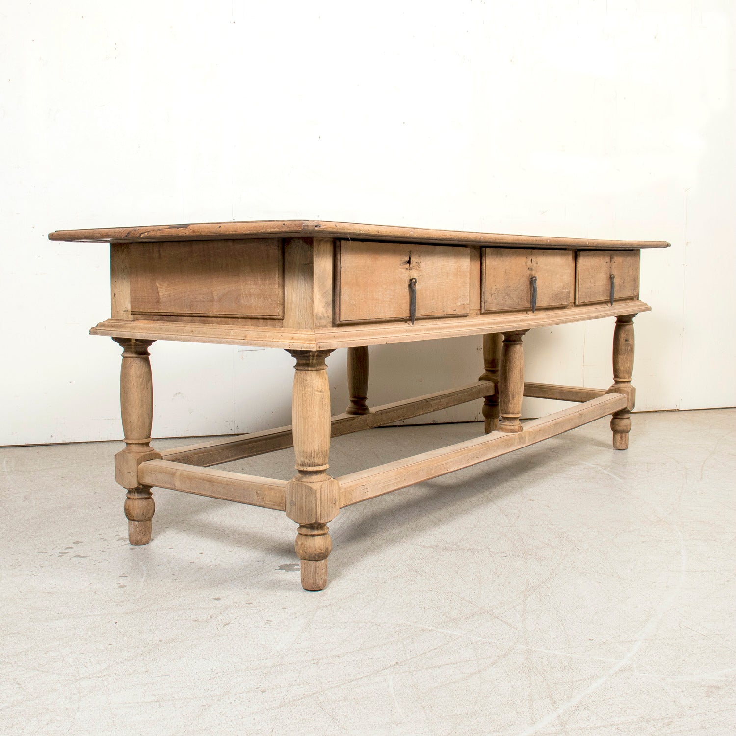 Large 19th Century Bleached Oak Spanish Island or Work Table with Three Drawers