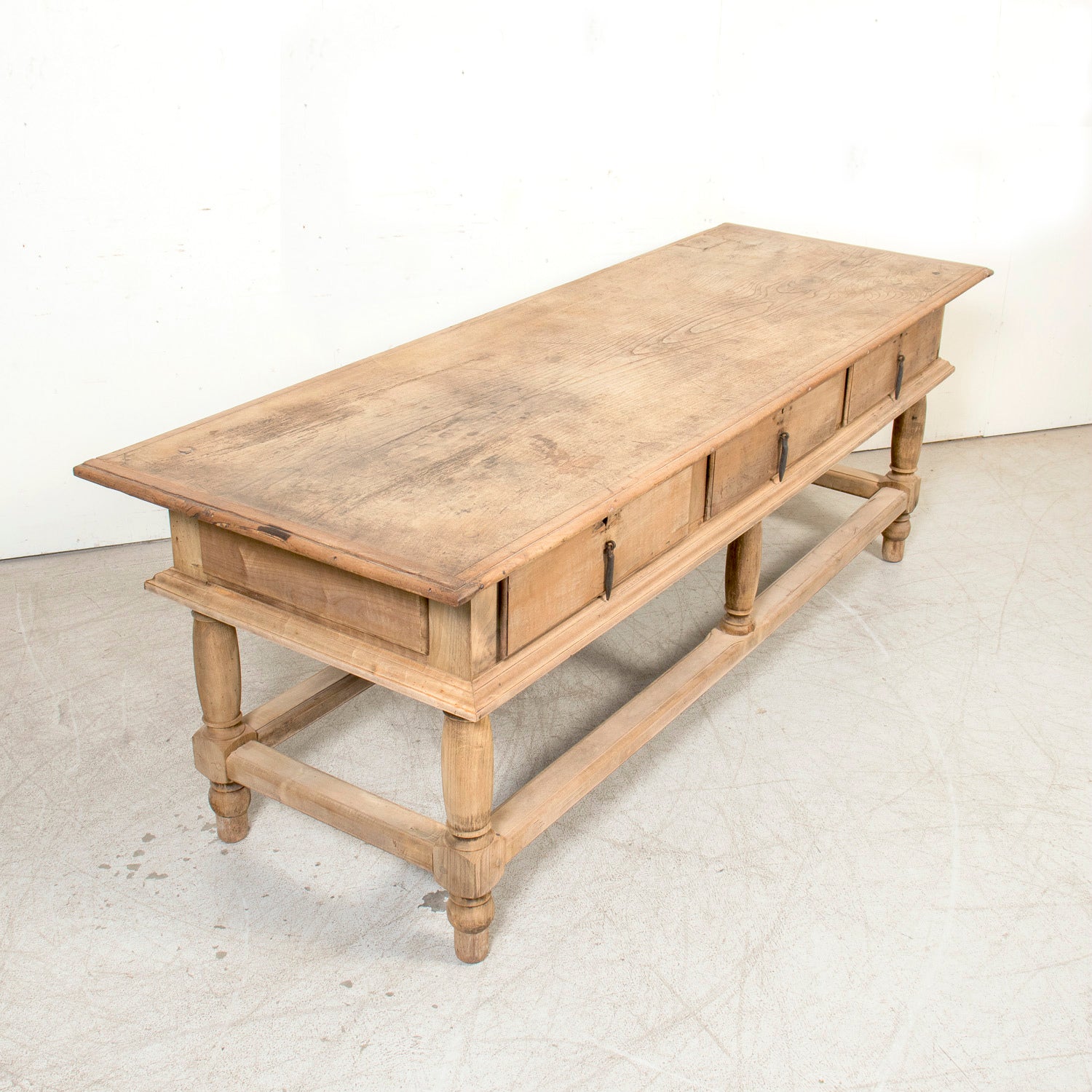 Large 19th Century Bleached Oak Spanish Island or Work Table with Three Drawers
