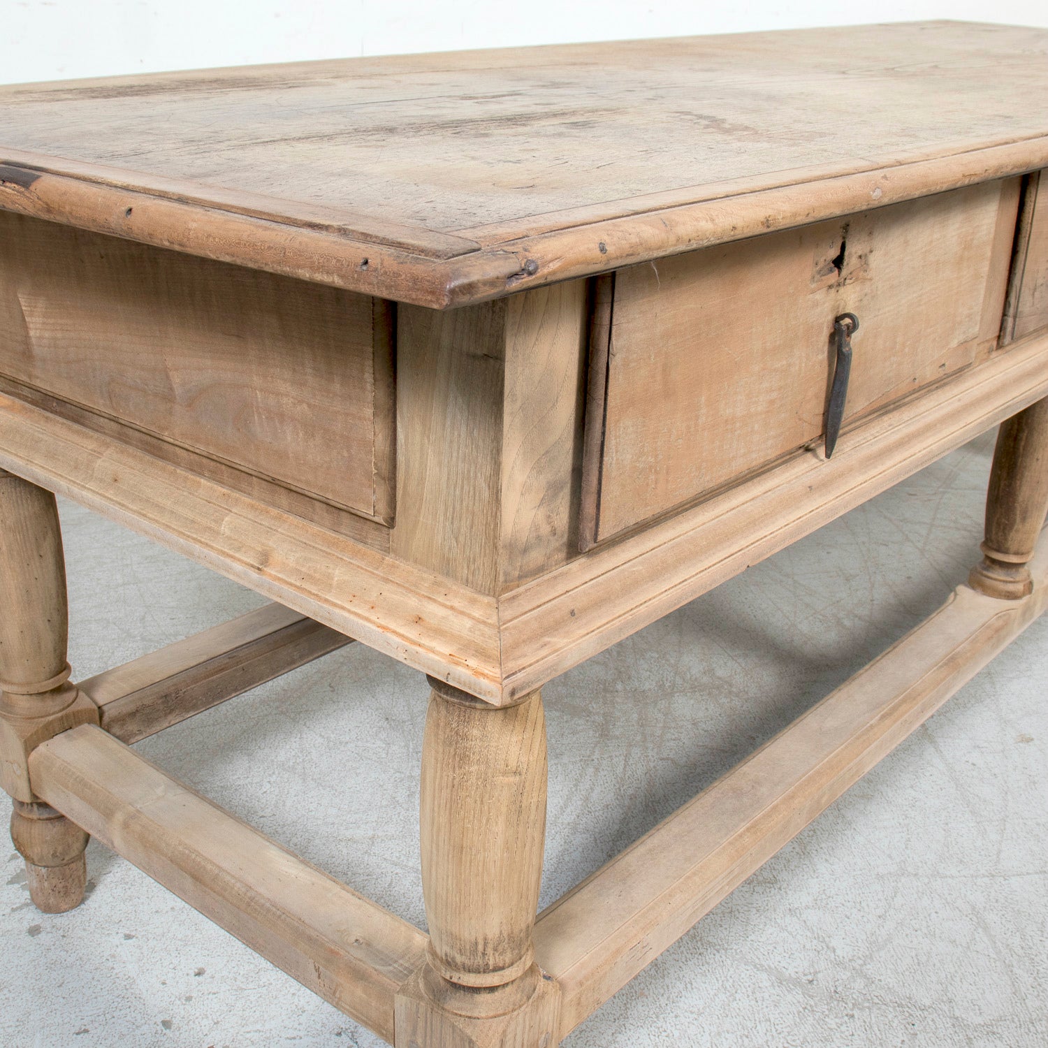 Large 19th Century Bleached Oak Spanish Island or Work Table with Three Drawers