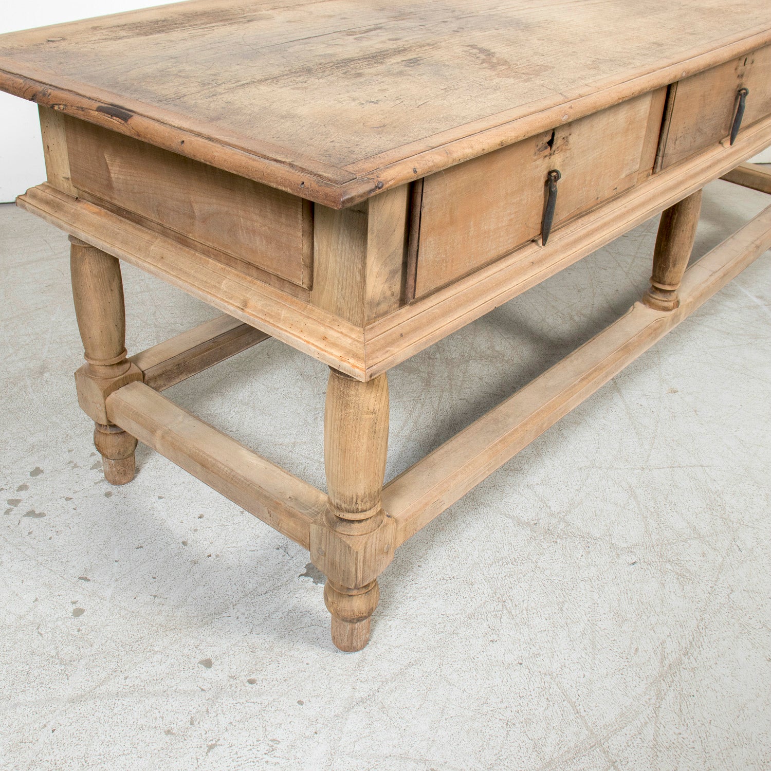 Large 19th Century Bleached Oak Spanish Island or Work Table with Three Drawers