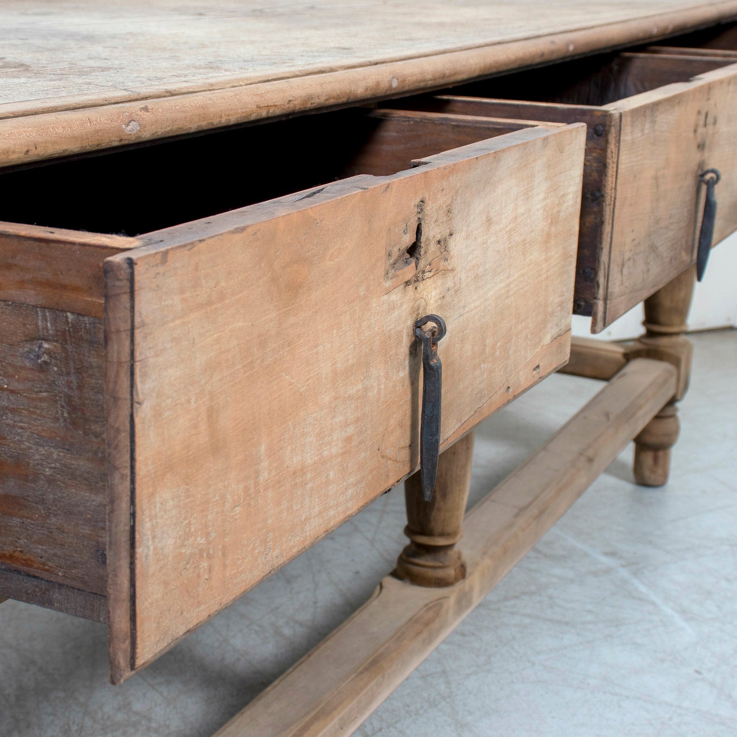 Large 19th Century Bleached Oak Spanish Island or Work Table with Three Drawers