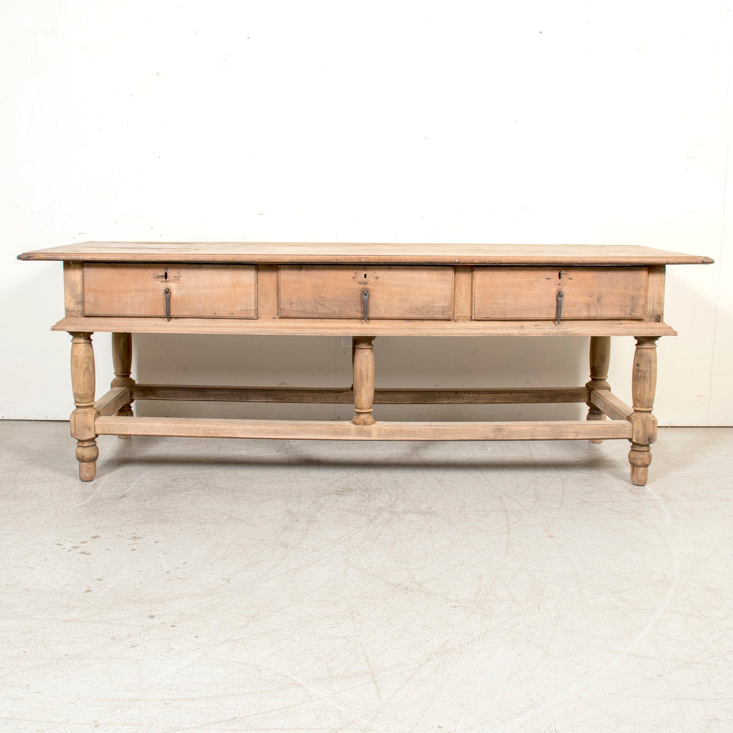 Large 19th Century Bleached Oak Spanish Island or Work Table with Three Drawers