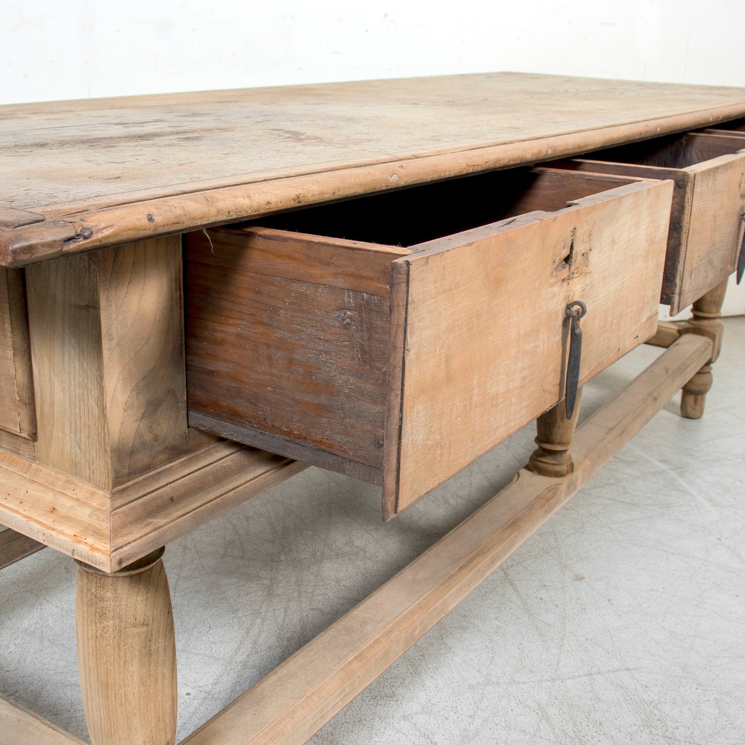Large 19th Century Bleached Oak Spanish Island or Work Table with Three Drawers