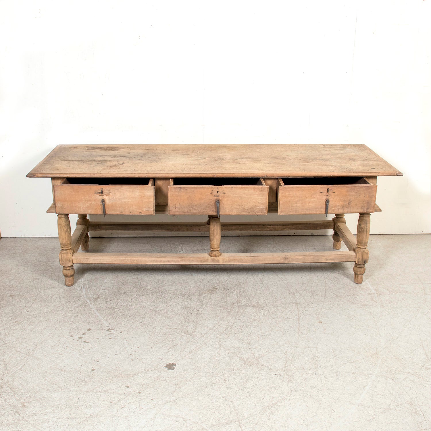 Large 19th Century Bleached Oak Spanish Island or Work Table with Three Drawers