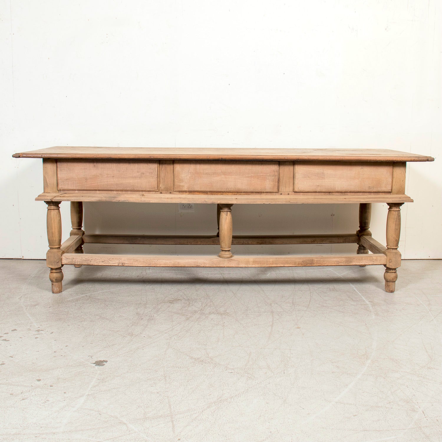 Large 19th Century Bleached Oak Spanish Island or Work Table with Three Drawers
