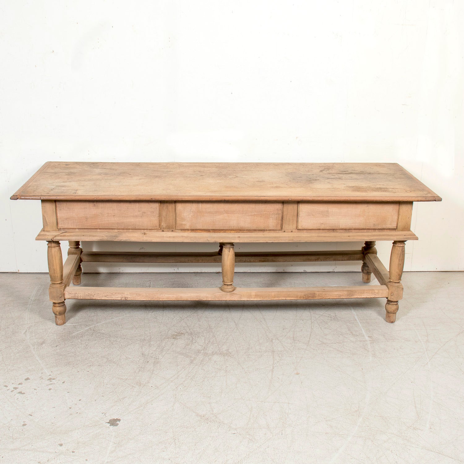 Large 19th Century Bleached Oak Spanish Island or Work Table with Three Drawers