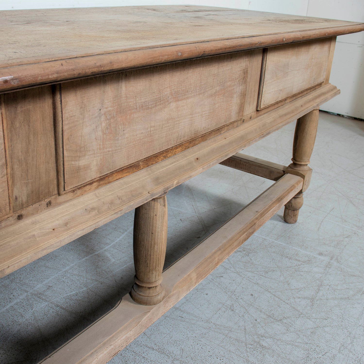 Large 19th Century Bleached Oak Spanish Island or Work Table with Three Drawers