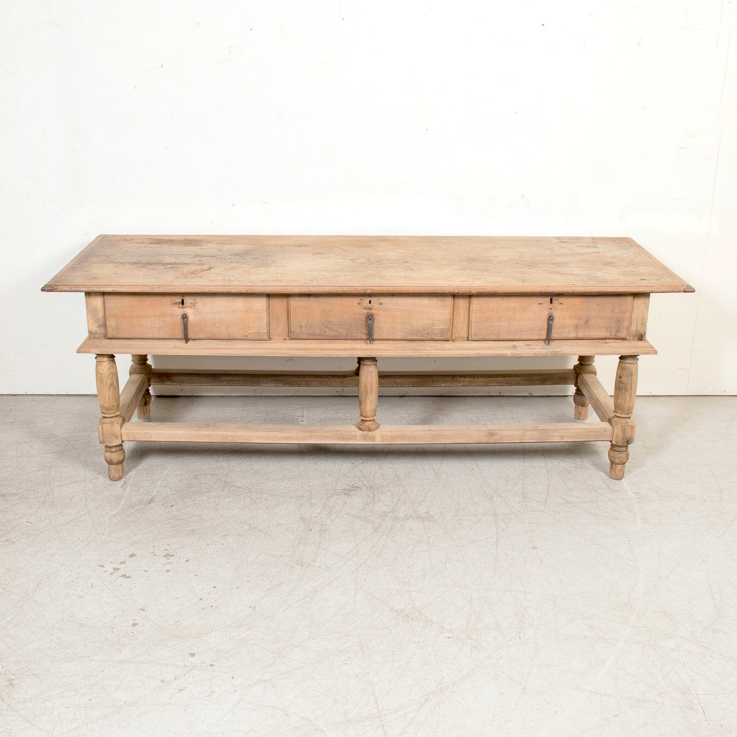 Large 19th Century Bleached Oak Spanish Island or Work Table with Three Drawers