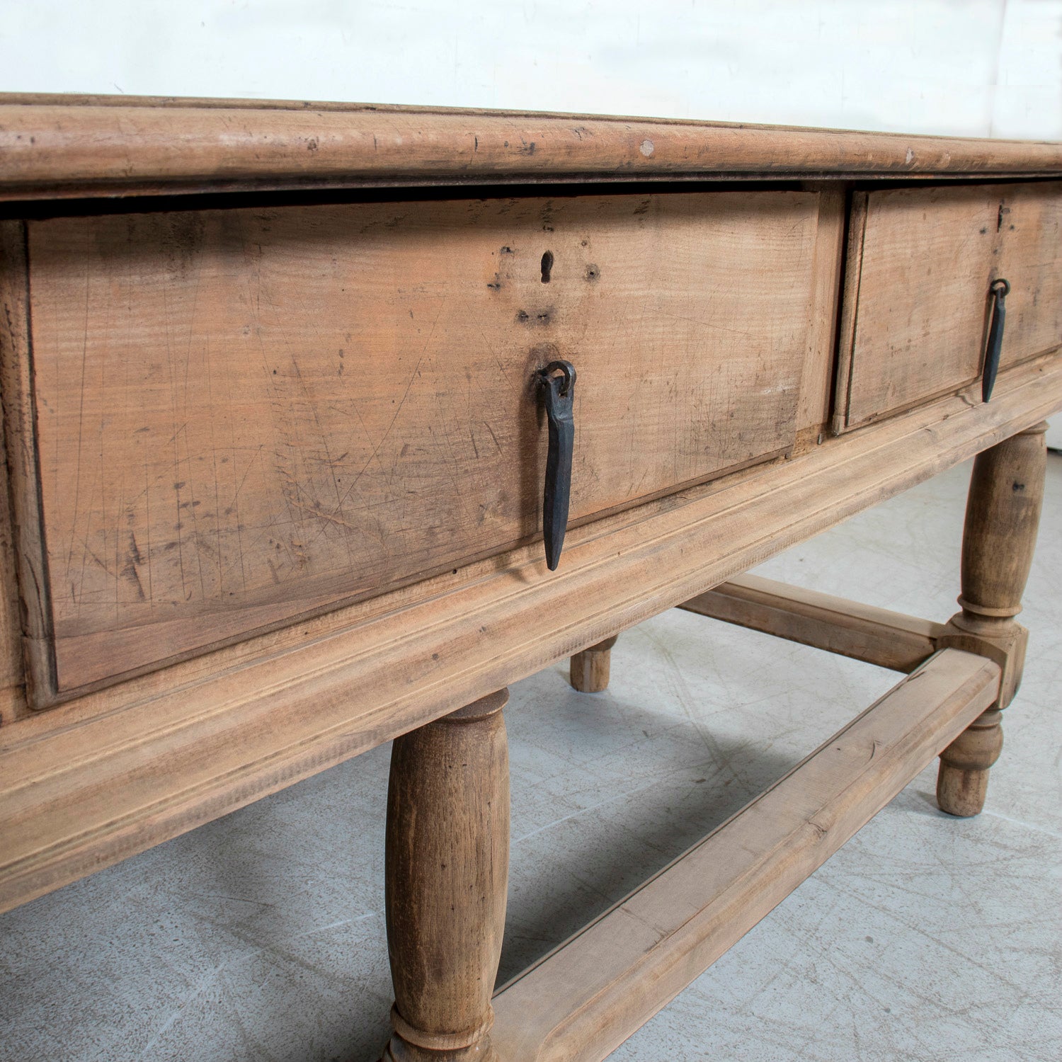 Large 19th Century Bleached Oak Spanish Island or Work Table with Three Drawers