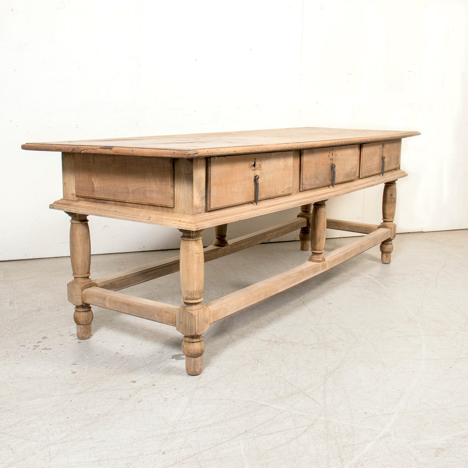 Large 19th Century Bleached Oak Spanish Island or Work Table with Three Drawers
